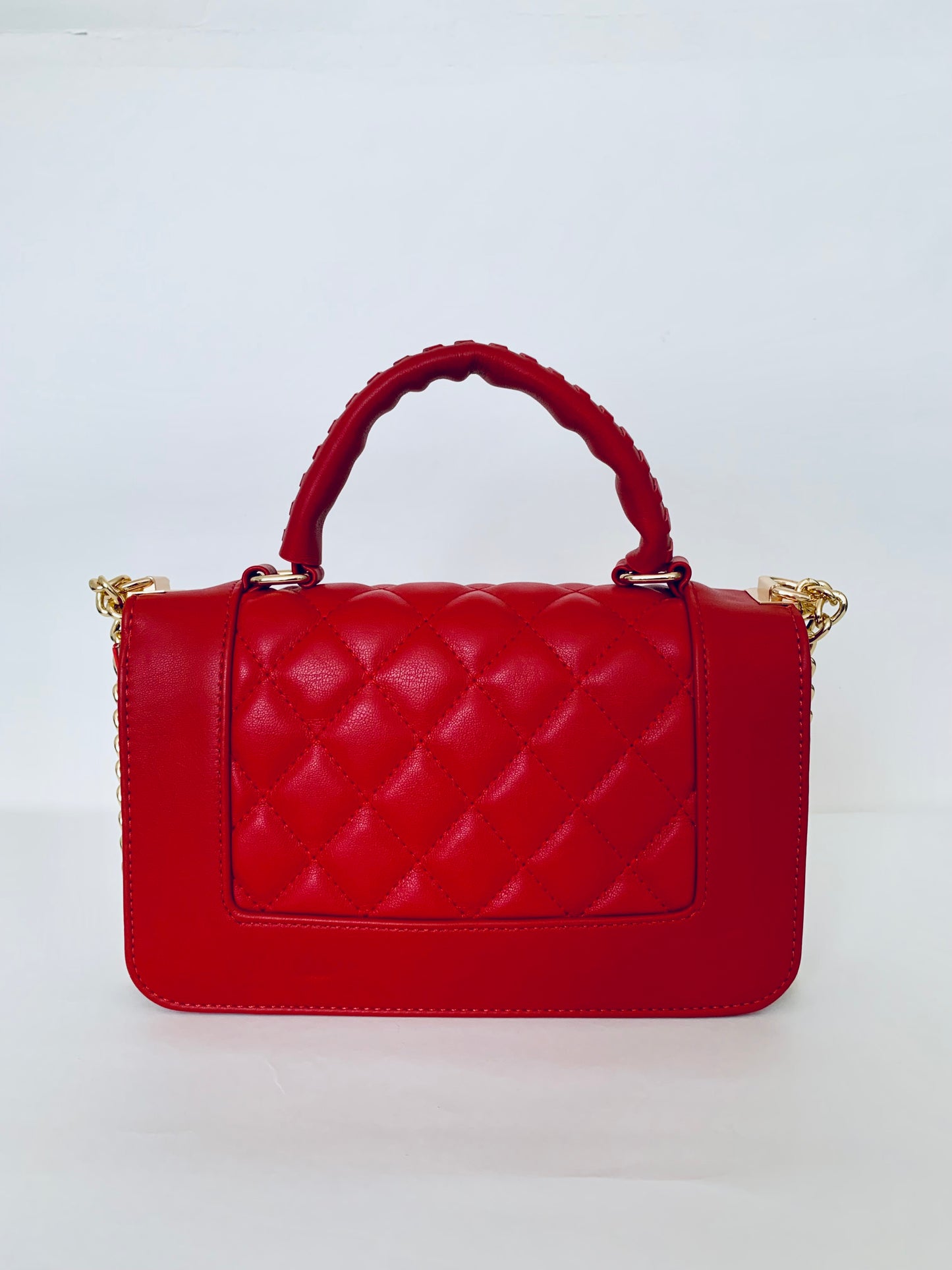 Red Crossbody Handbag with Gold Chain and Star Patterns