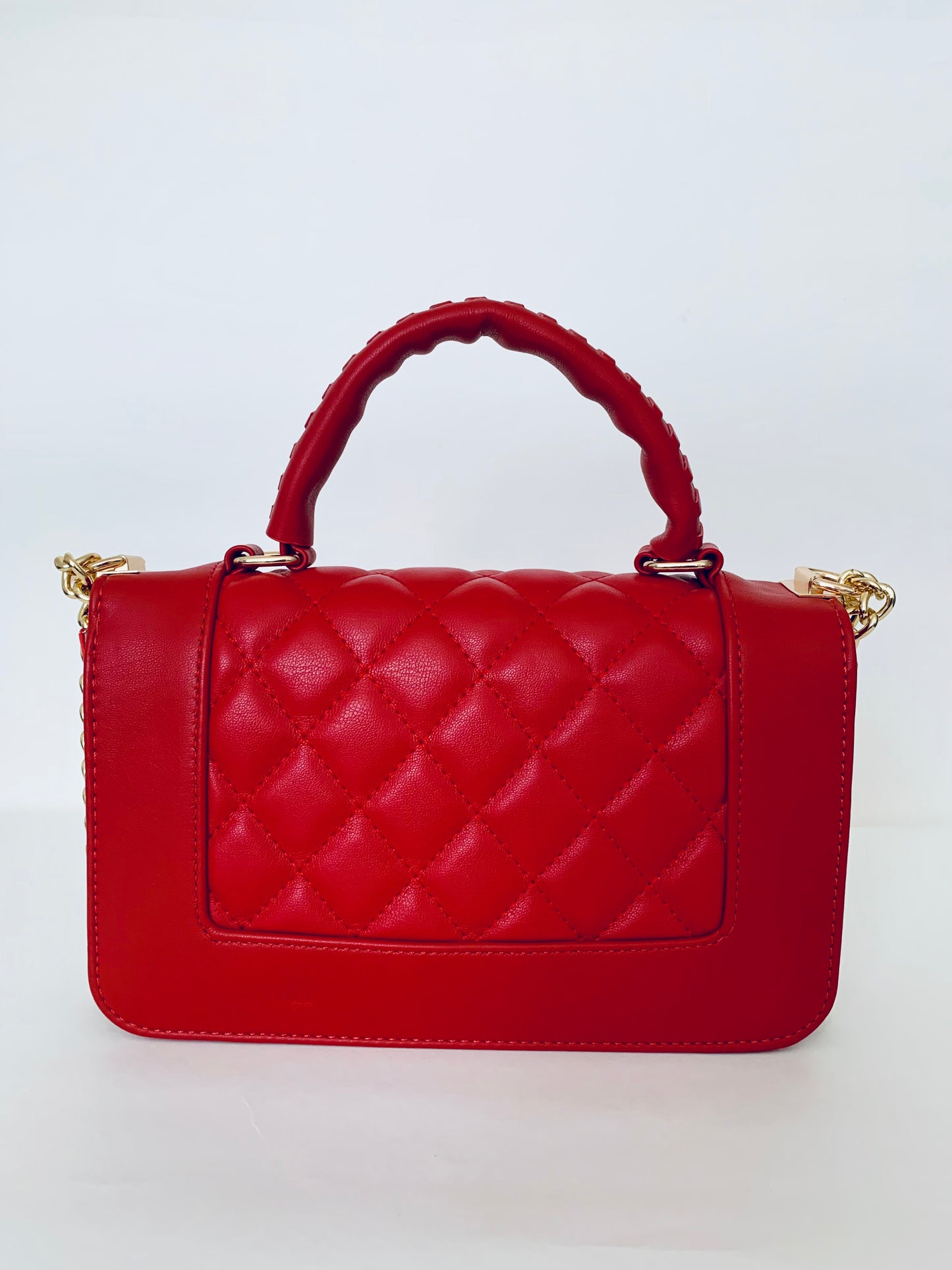 Red Crossbody Handbag with Gold Chain and Star Patterns