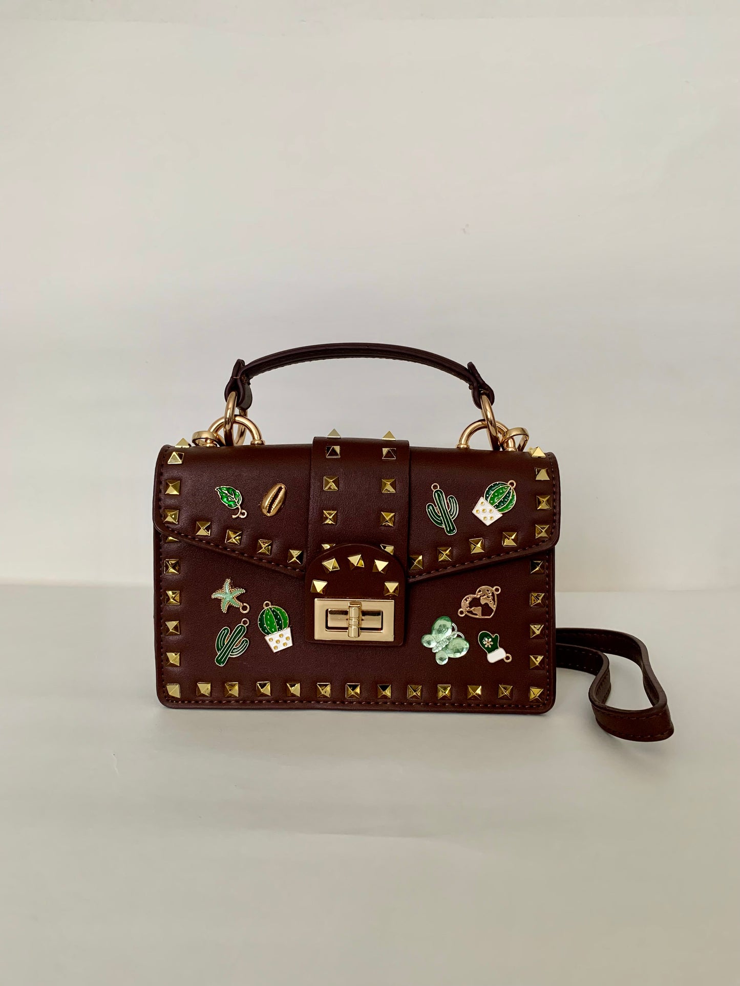 Brown Crossbody bag with Gold Studs and Decorative Pins