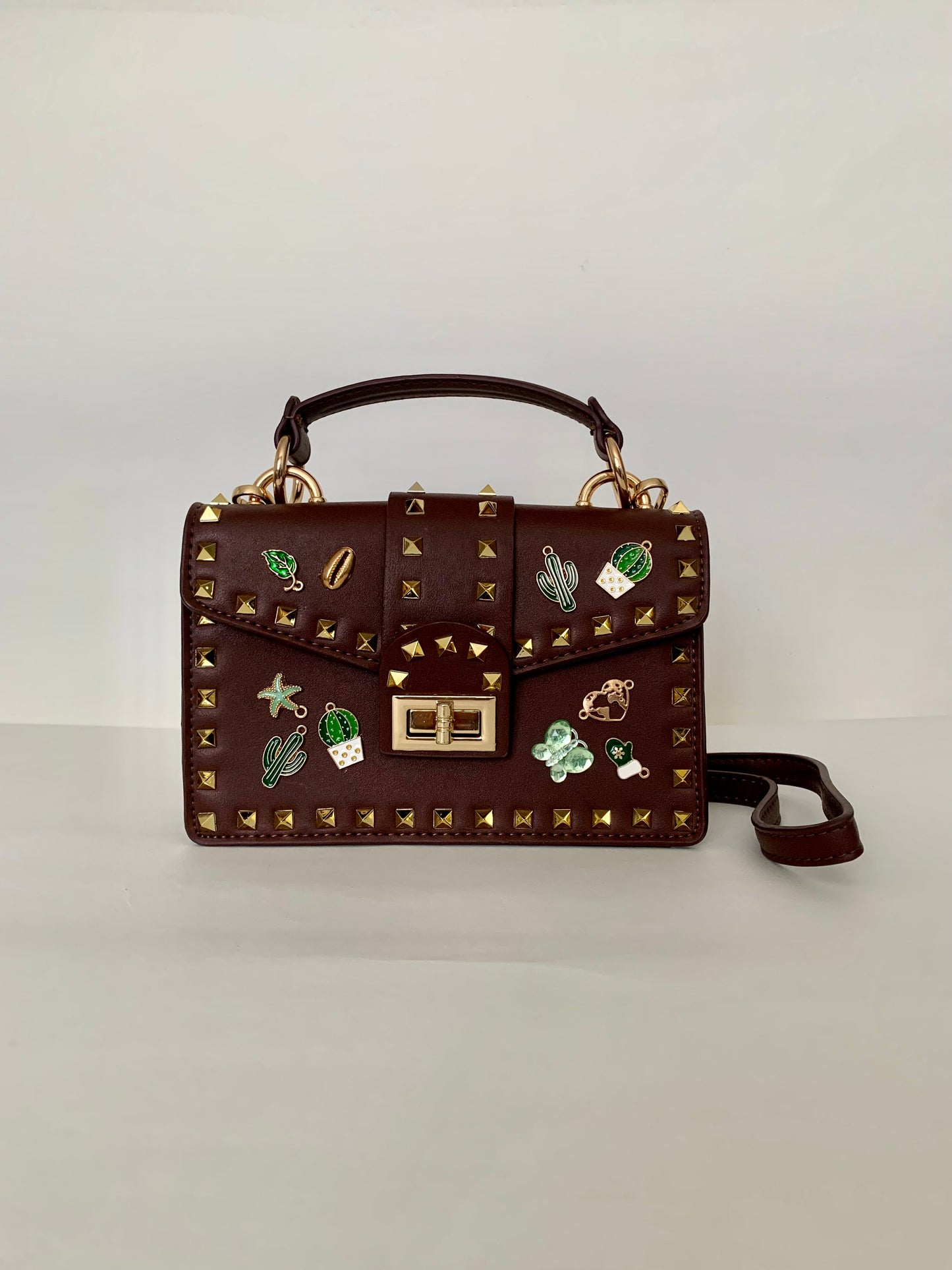 Brown Crossbody bag with Gold Studs and Decorative Pins