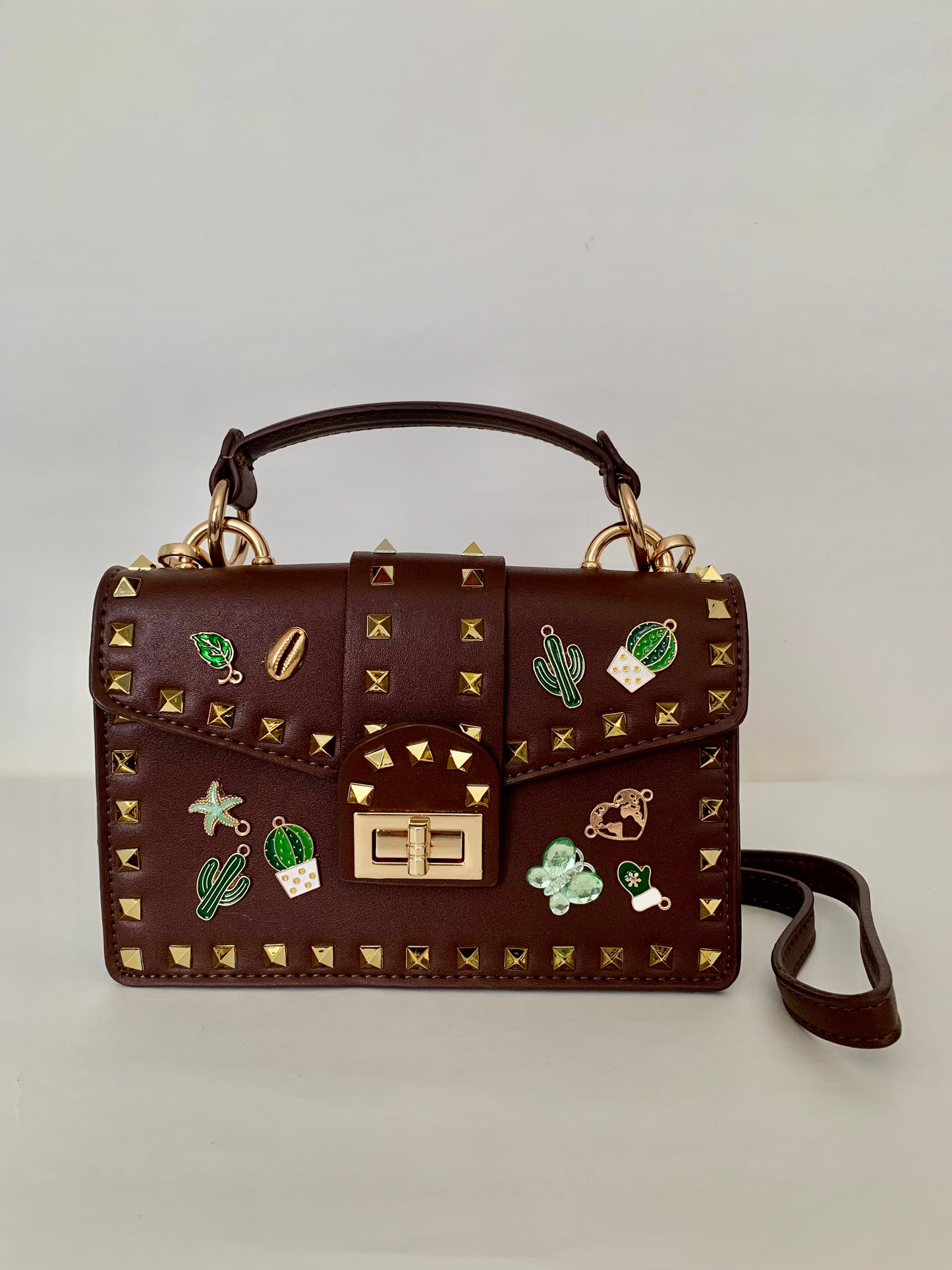 Brown Crossbody bag with Gold Studs and Decorative Pins