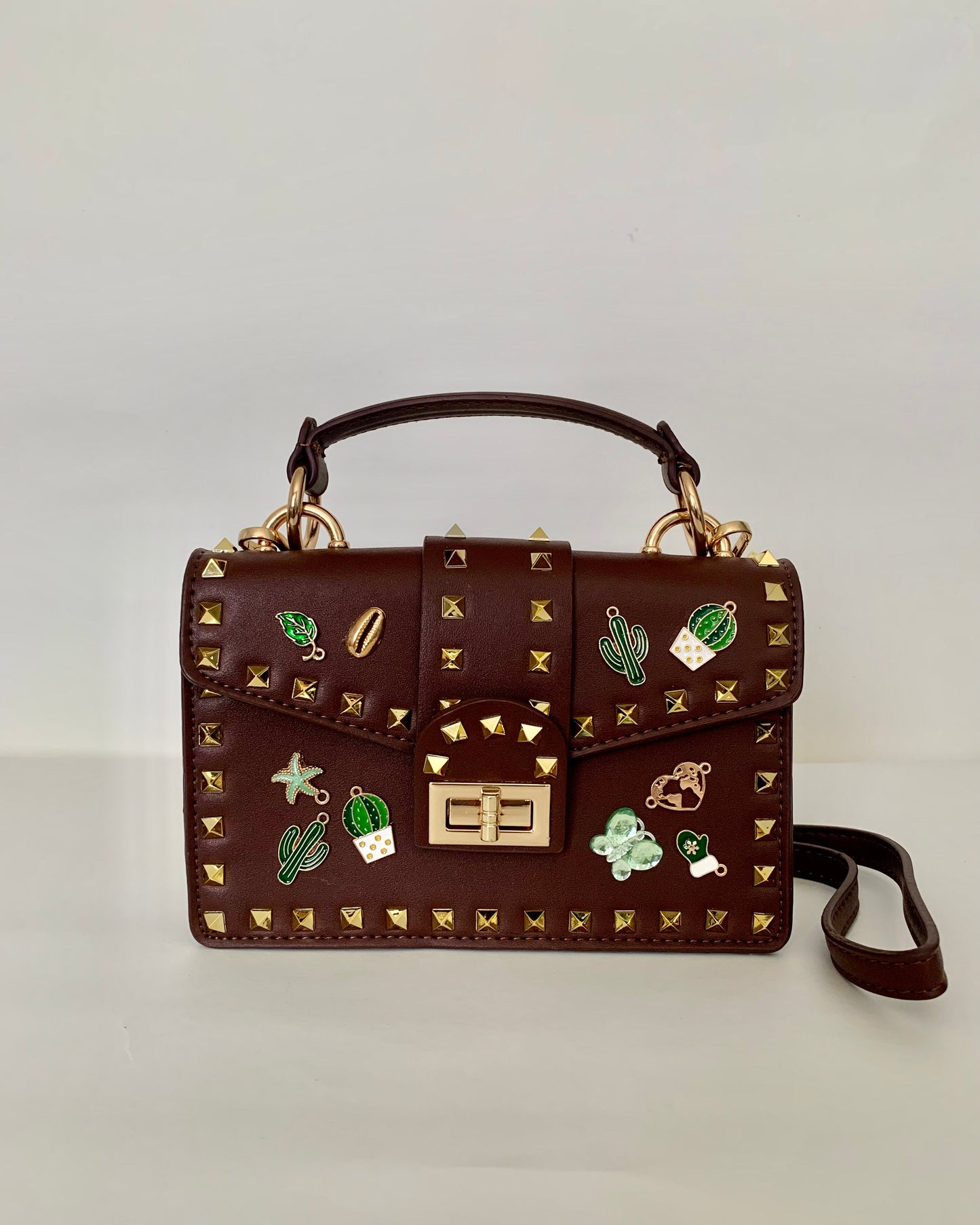 Brown Crossbody bag with Gold Studs and Decorative Pins