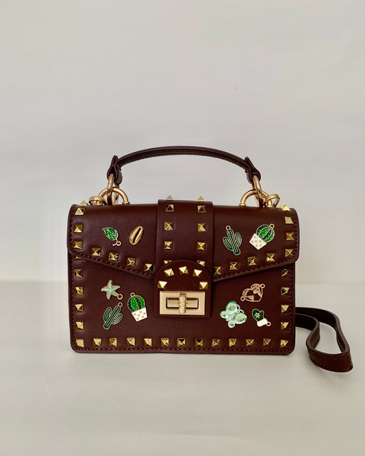 Brown Crossbody bag with Gold Studs and Decorative Pins