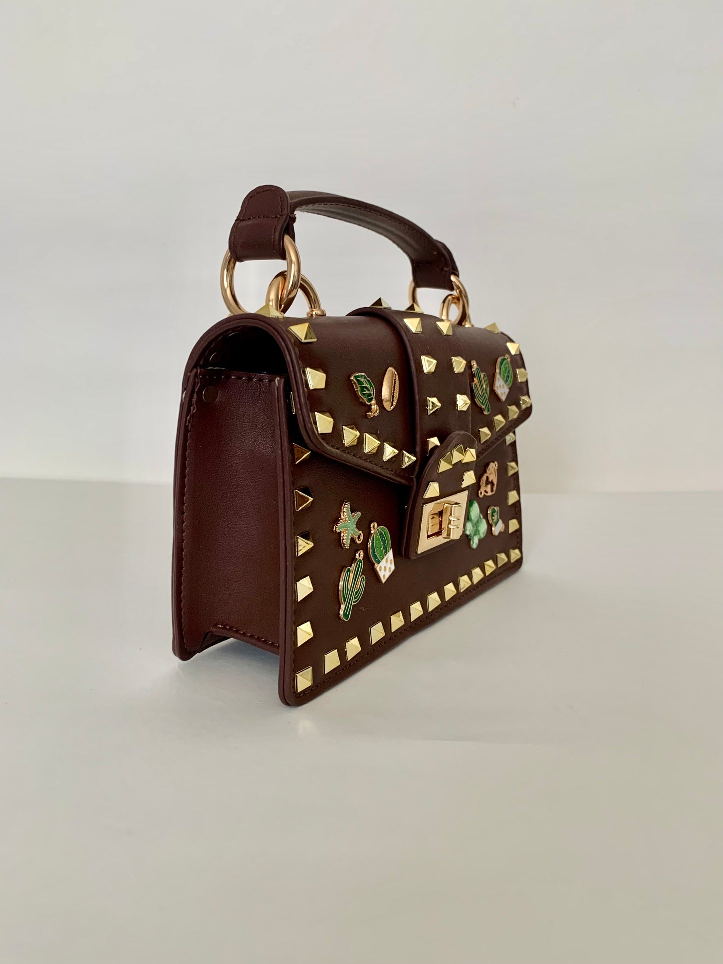Brown Crossbody bag with Gold Studs and Decorative Pins