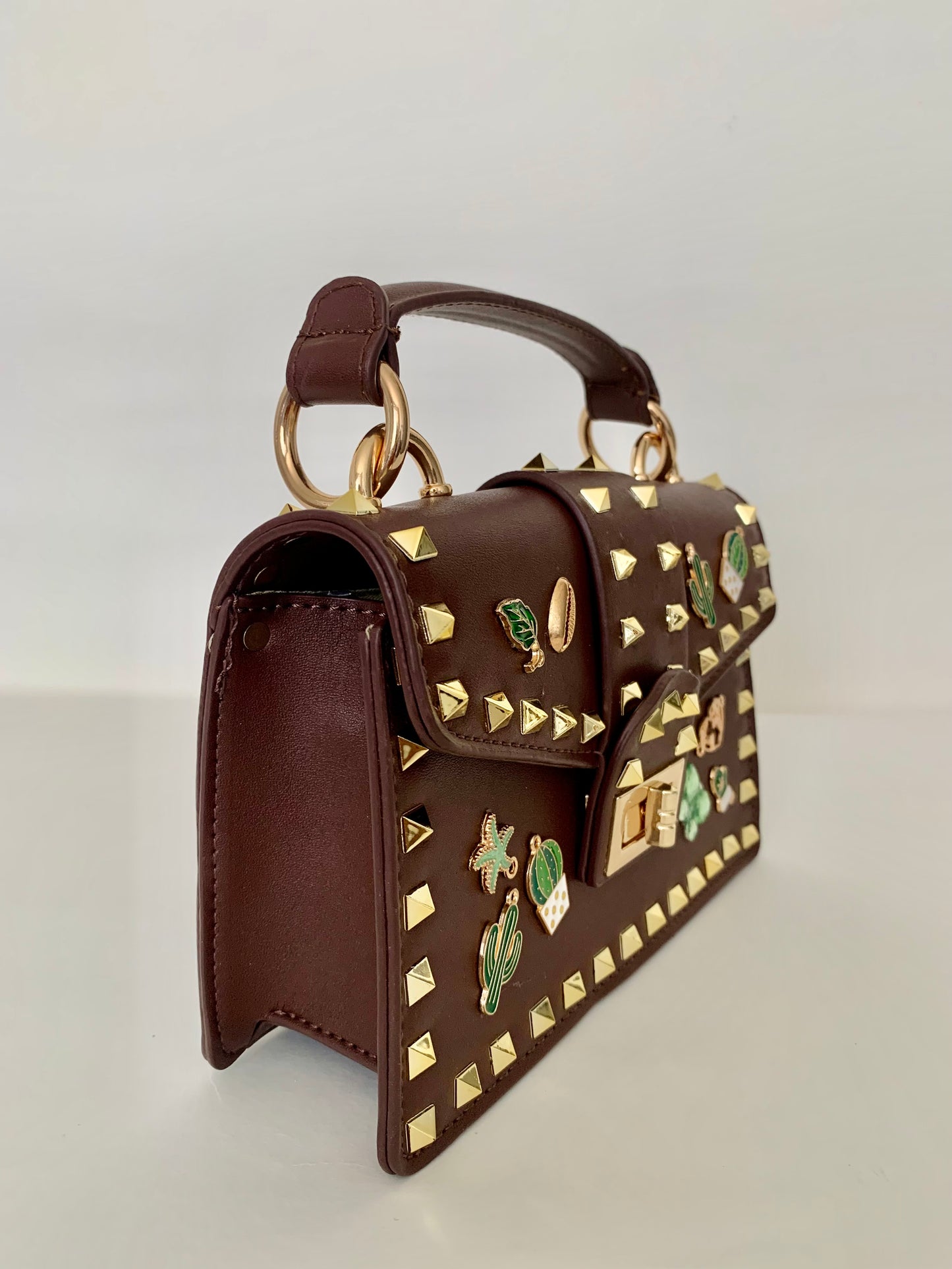 Brown Crossbody bag with Gold Studs and Decorative Pins