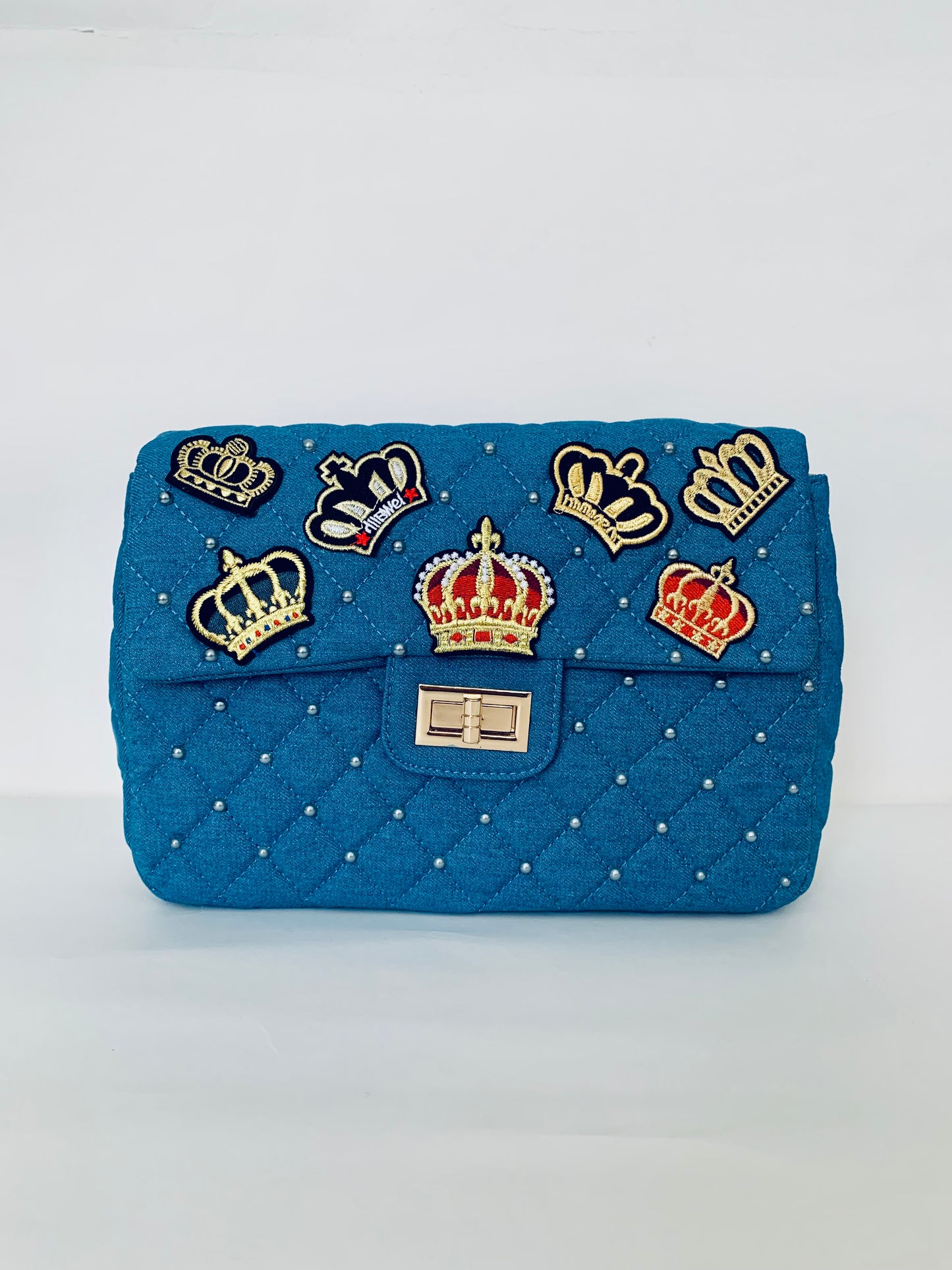 Blue Denim Backpack with Crown Designs
