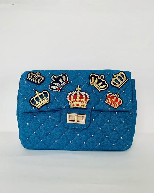 Blue Denim Backpack with Crown Designs
