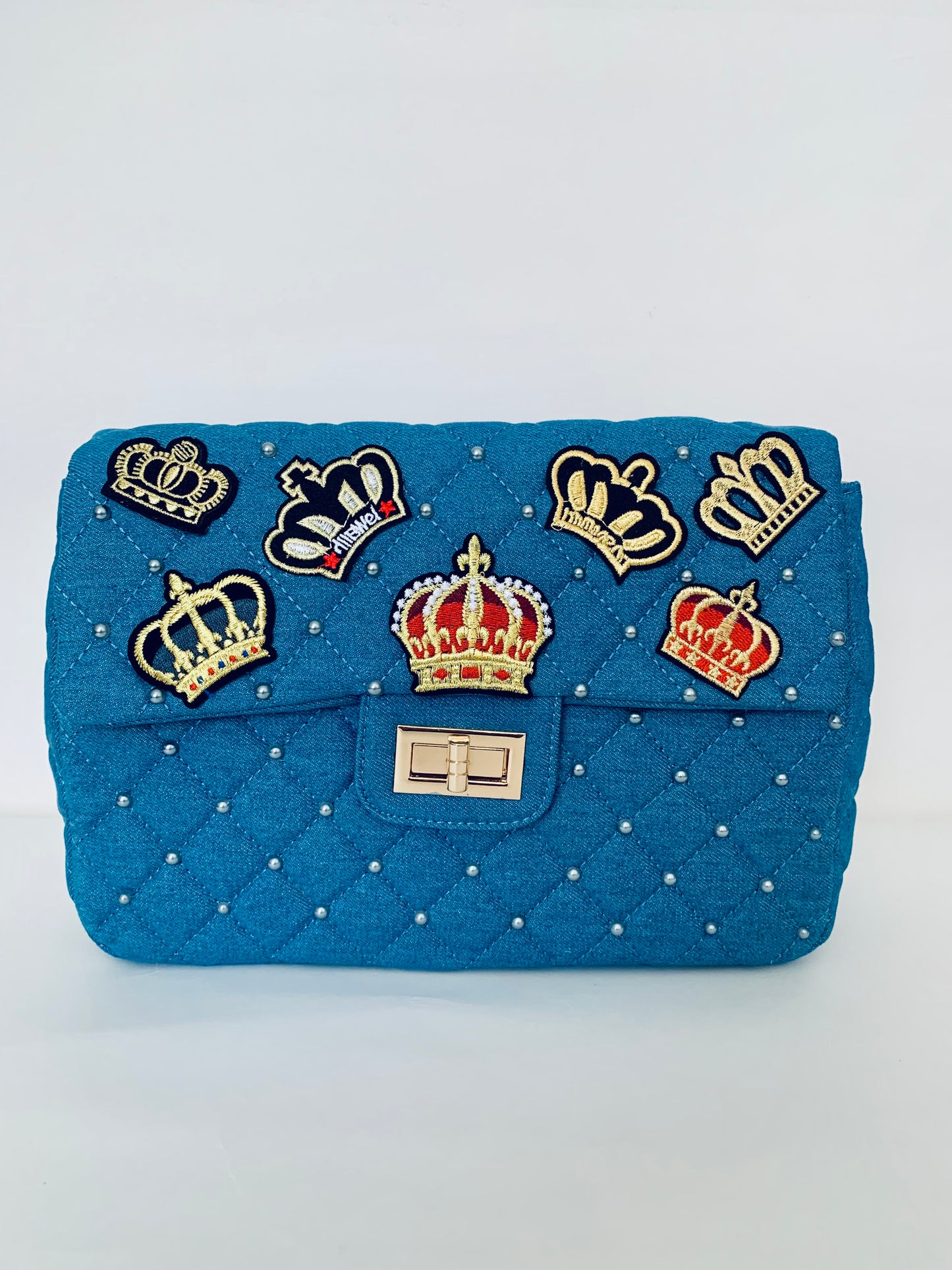 Blue Denim Backpack with Crown Designs