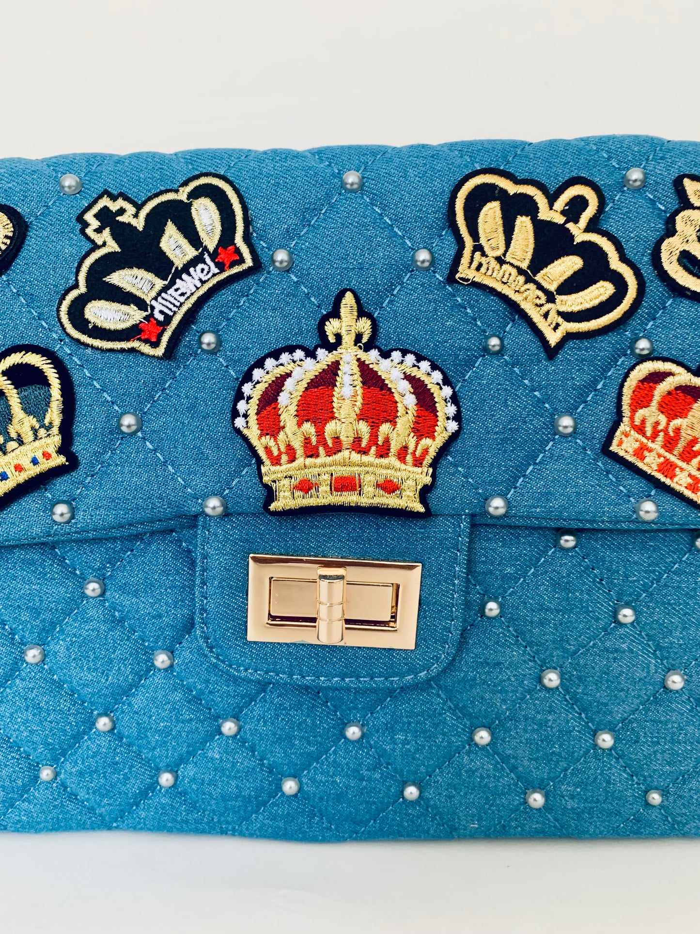 Blue Denim Backpack with Crown Designs