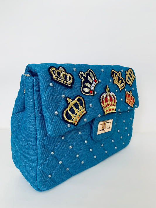 Blue Denim Backpack with Crown Designs