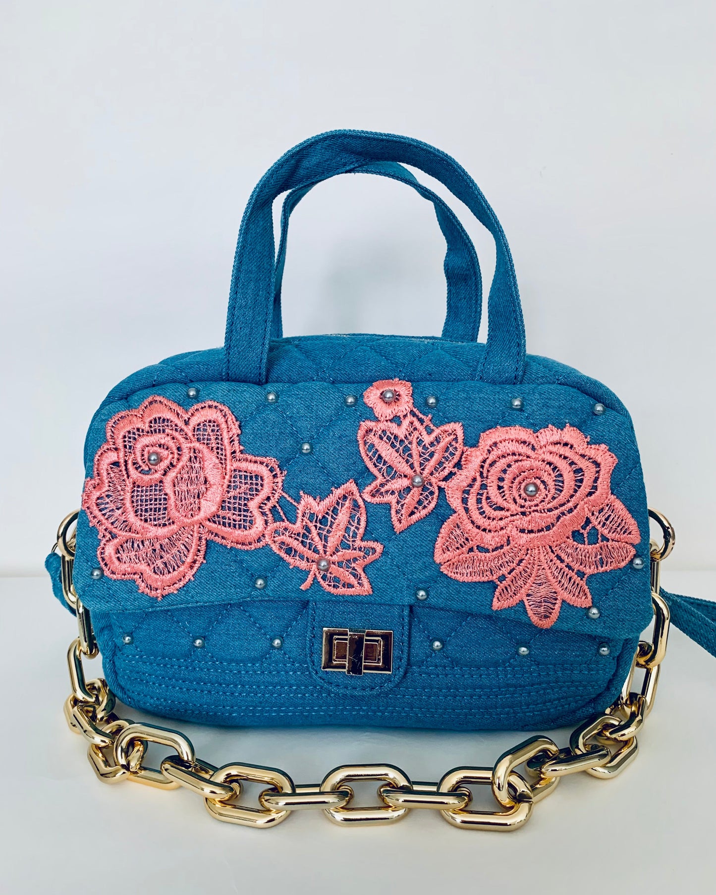 Blue Denim Handbag with Pink Lace Floral Designs and Gold Chain Strap