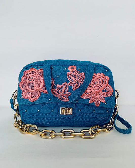 Blue Denim Handbag with Pink Lace Floral Designs and Gold Chain Strap