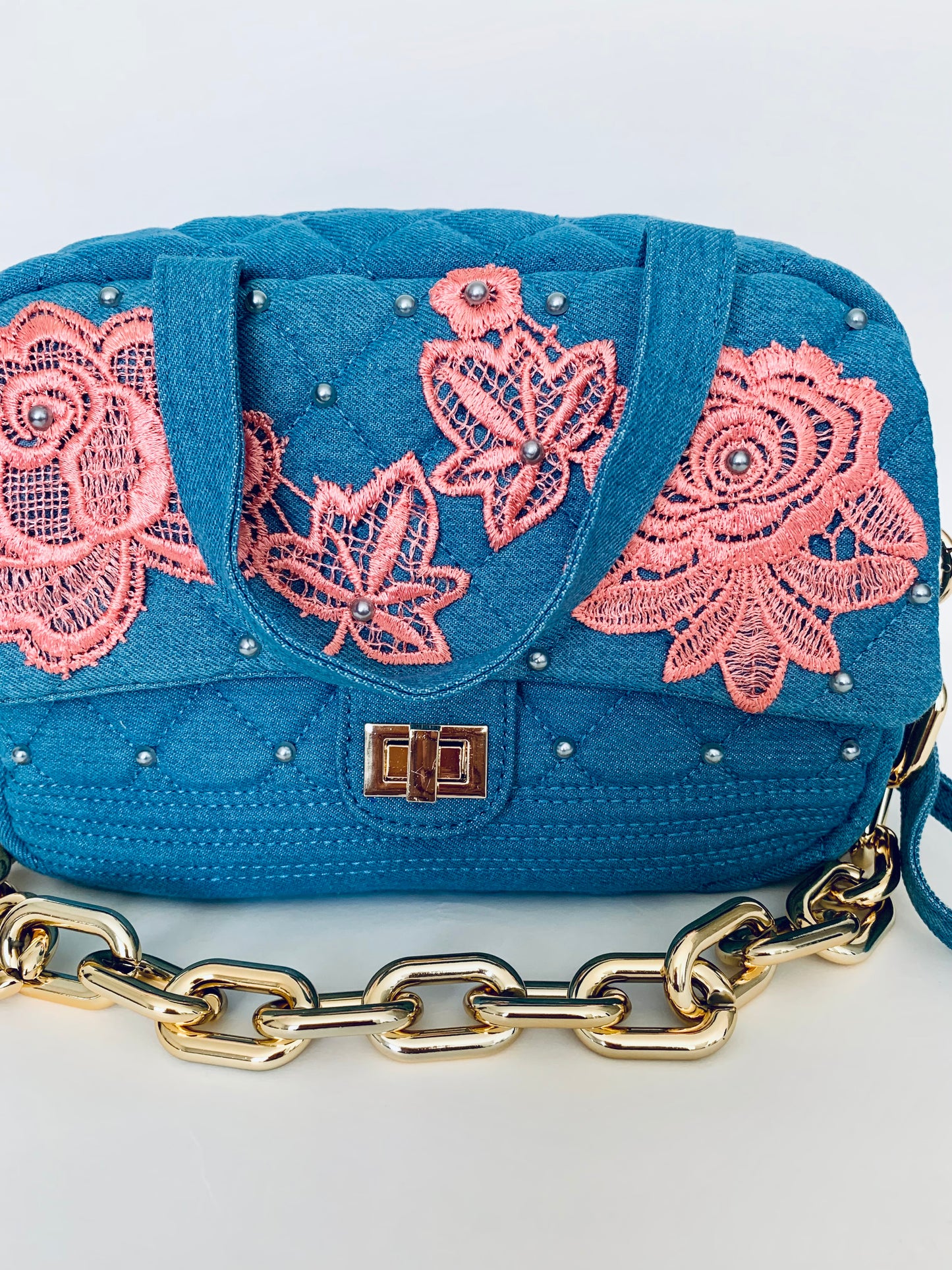 Blue Denim Handbag with Pink Lace Floral Designs and Gold Chain Strap