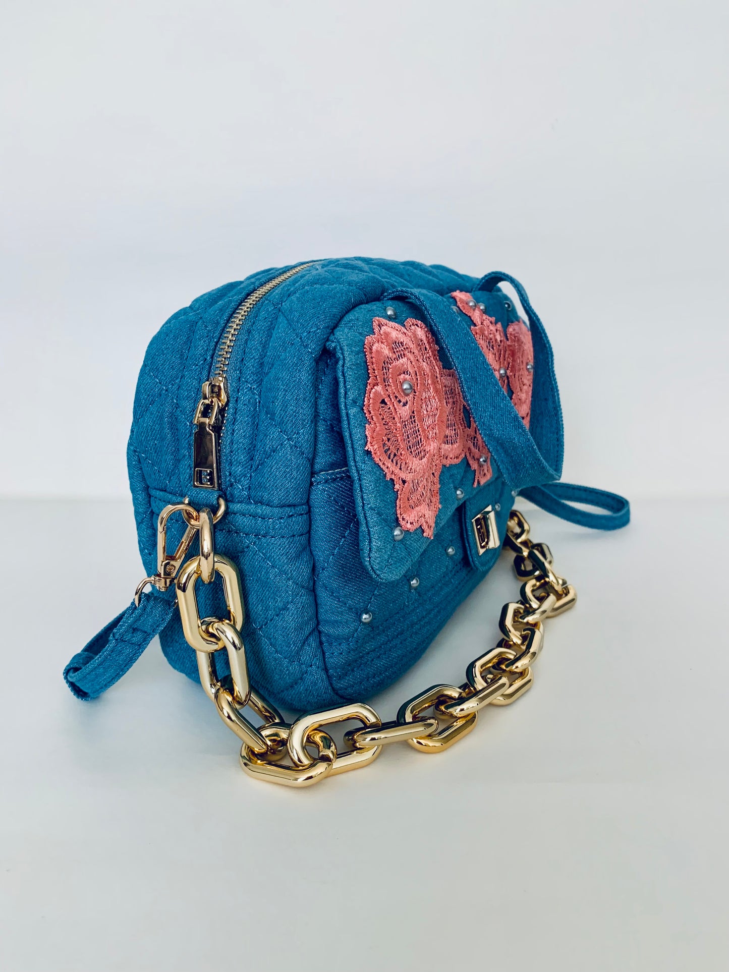 Blue Denim Handbag with Pink Lace Floral Designs and Gold Chain Strap