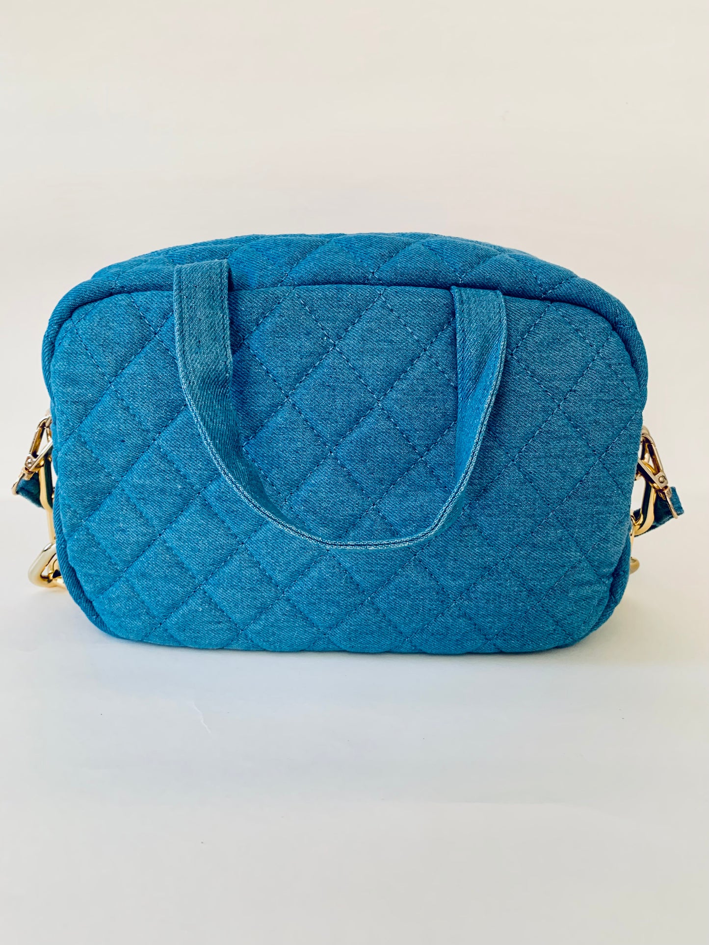 Blue Denim Handbag with Pink Lace Floral Designs and Gold Chain Strap