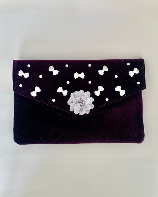 Purple Clutch Bag with Gray Floral and Bow Decorations