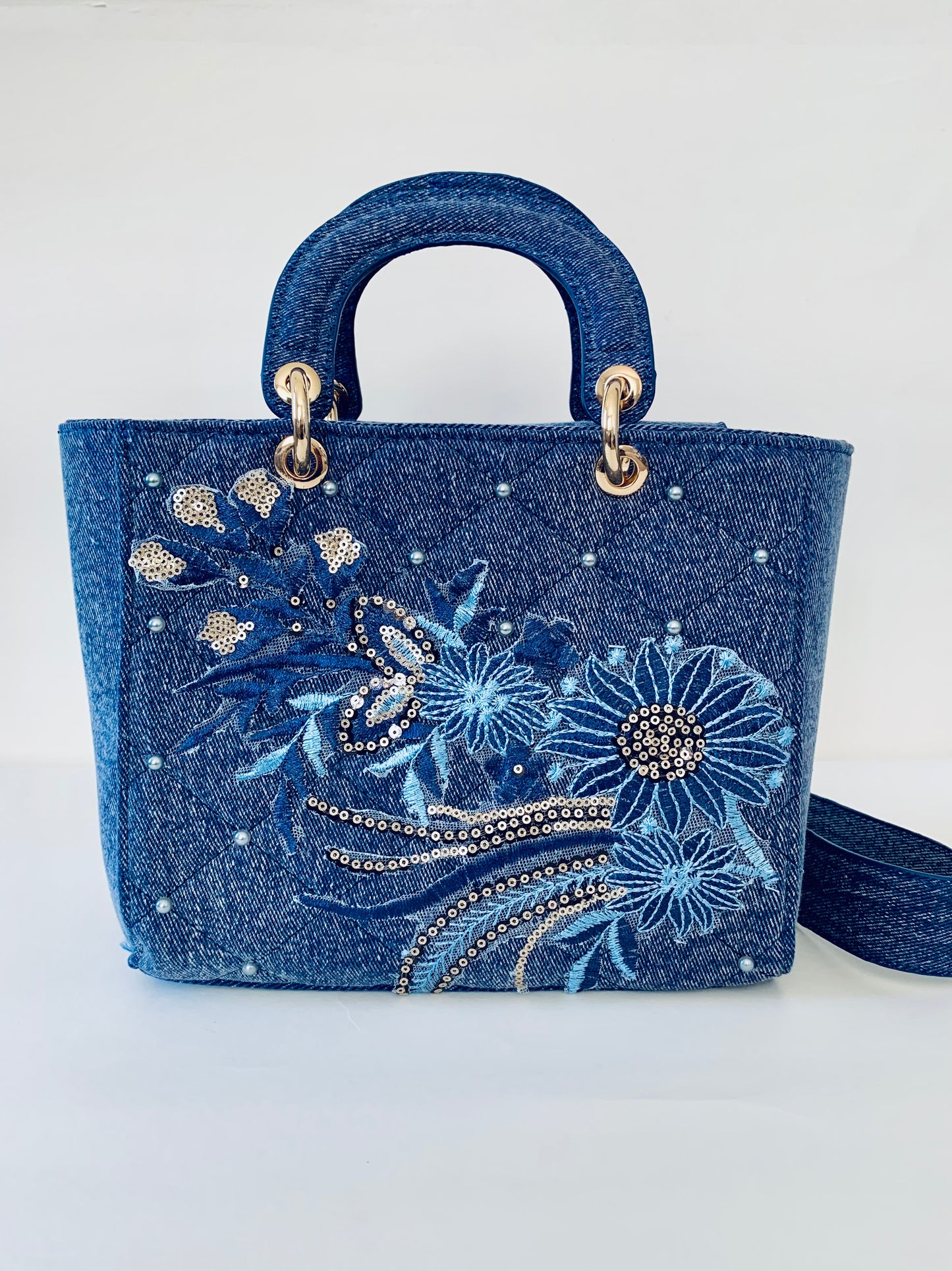 Blue Denim Handbag with Floral Embroidery and Embellishments