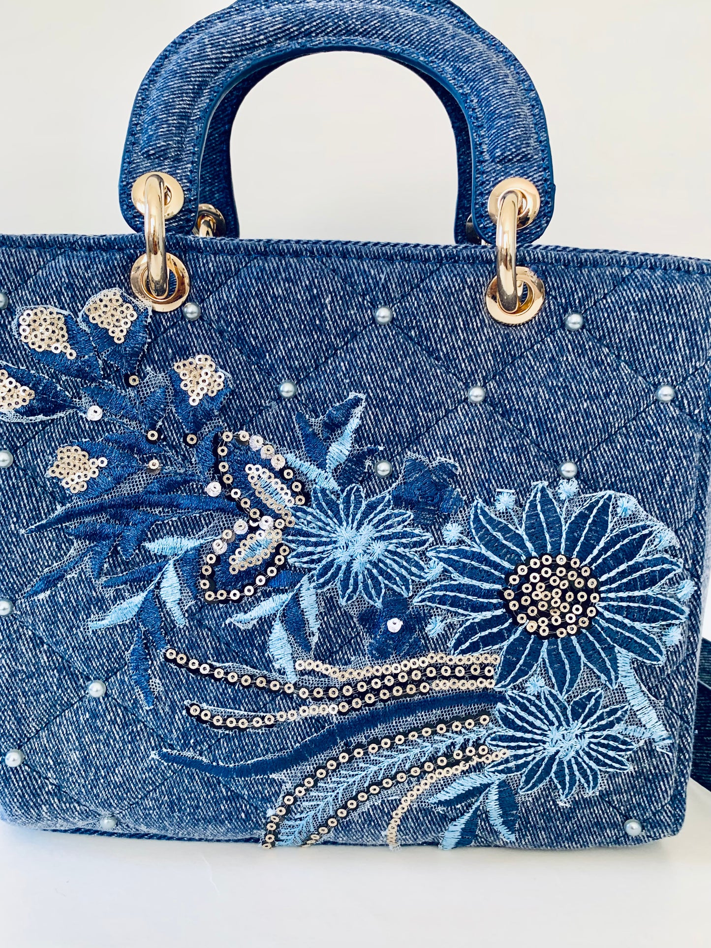 Blue Denim Handbag with Floral Embroidery and Embellishments