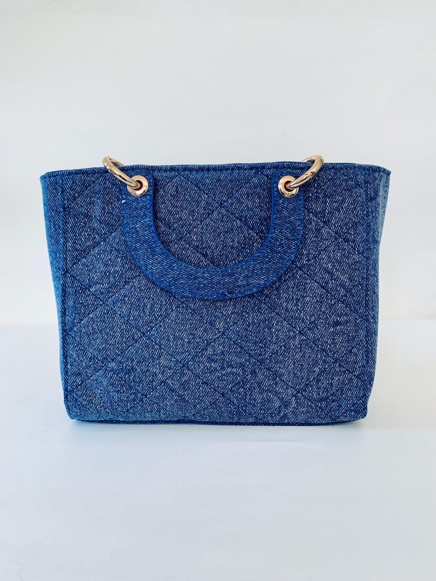 Blue Denim Handbag with Floral Embroidery and Embellishments