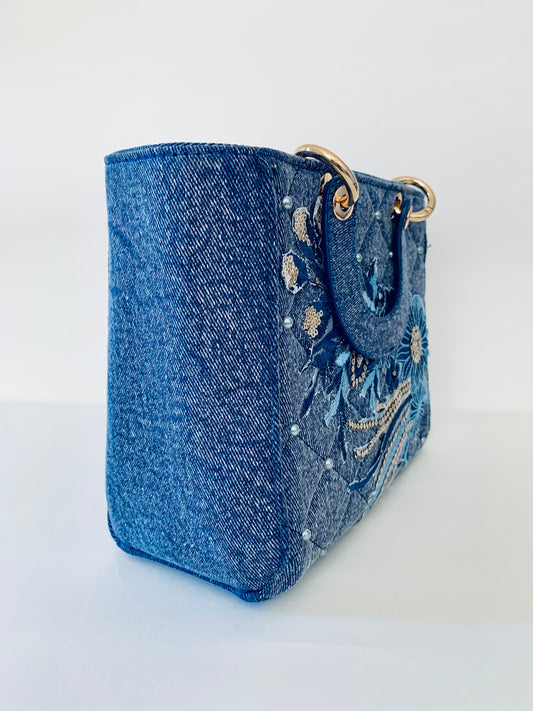 Blue Denim Handbag with Floral Embroidery and Embellishments