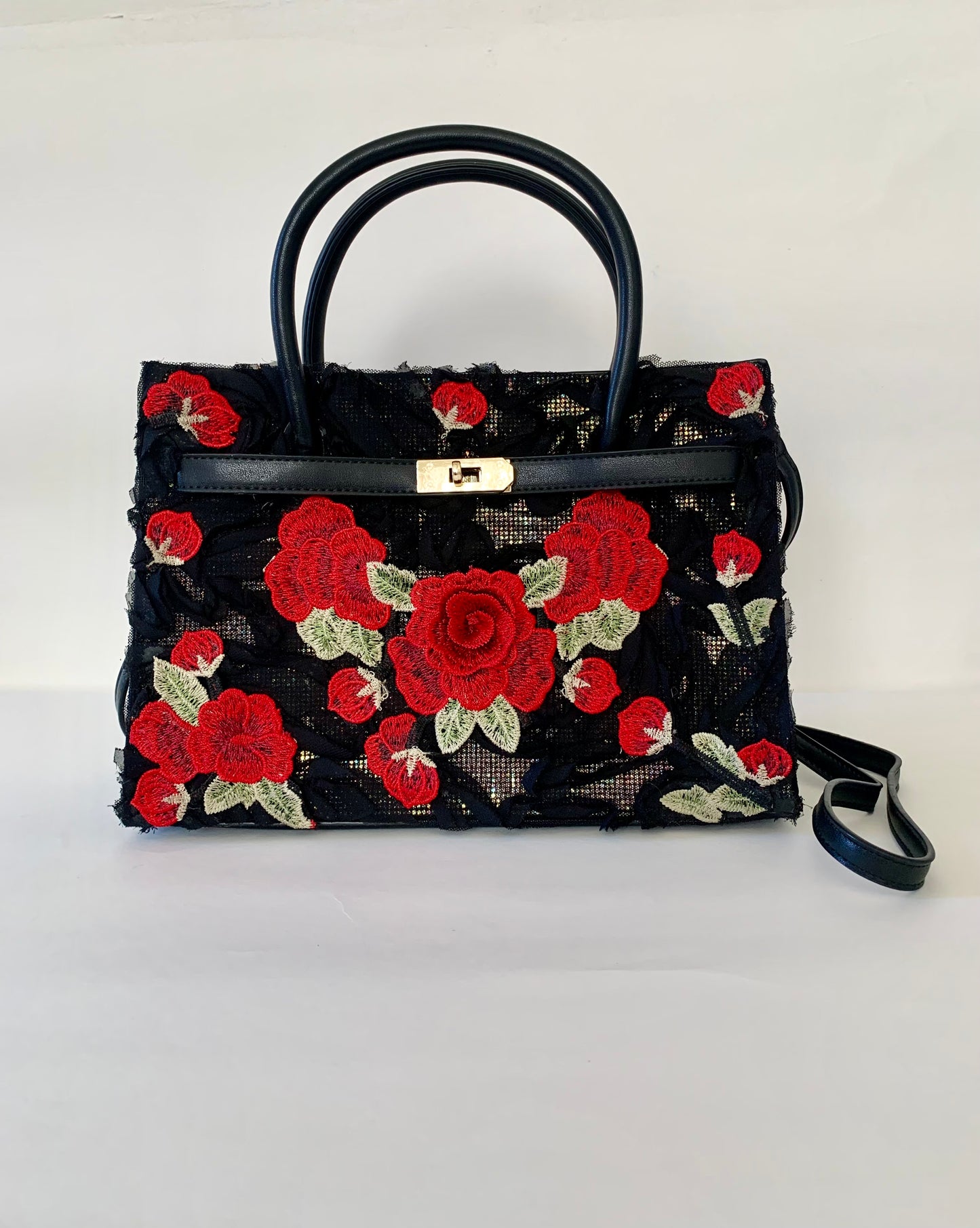 Black Handbag with Red Floral Embroidery