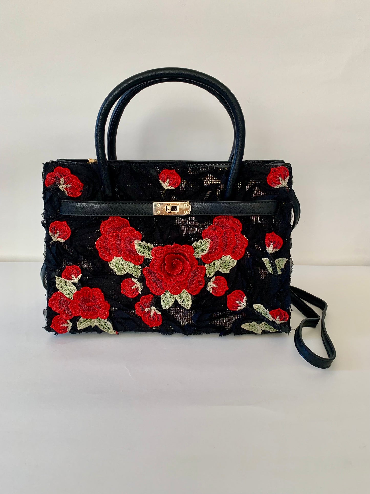 Black Handbag with Red Floral Embroidery