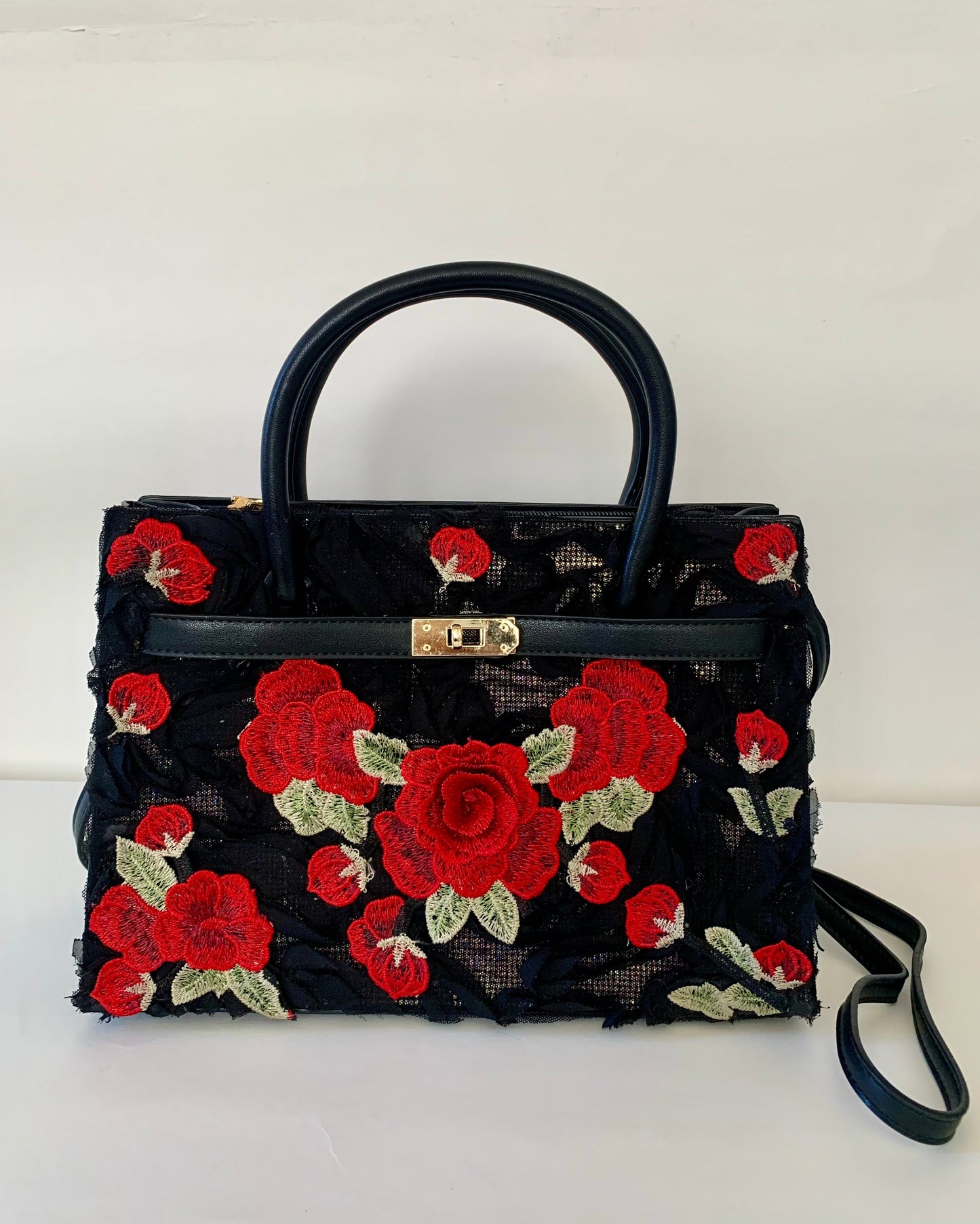 Black Handbag with Red Floral Embroidery