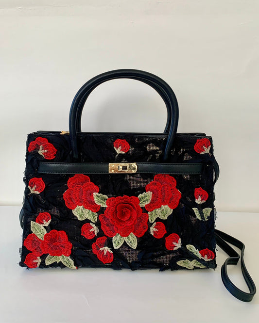 Black Handbag with Red Floral Embroidery