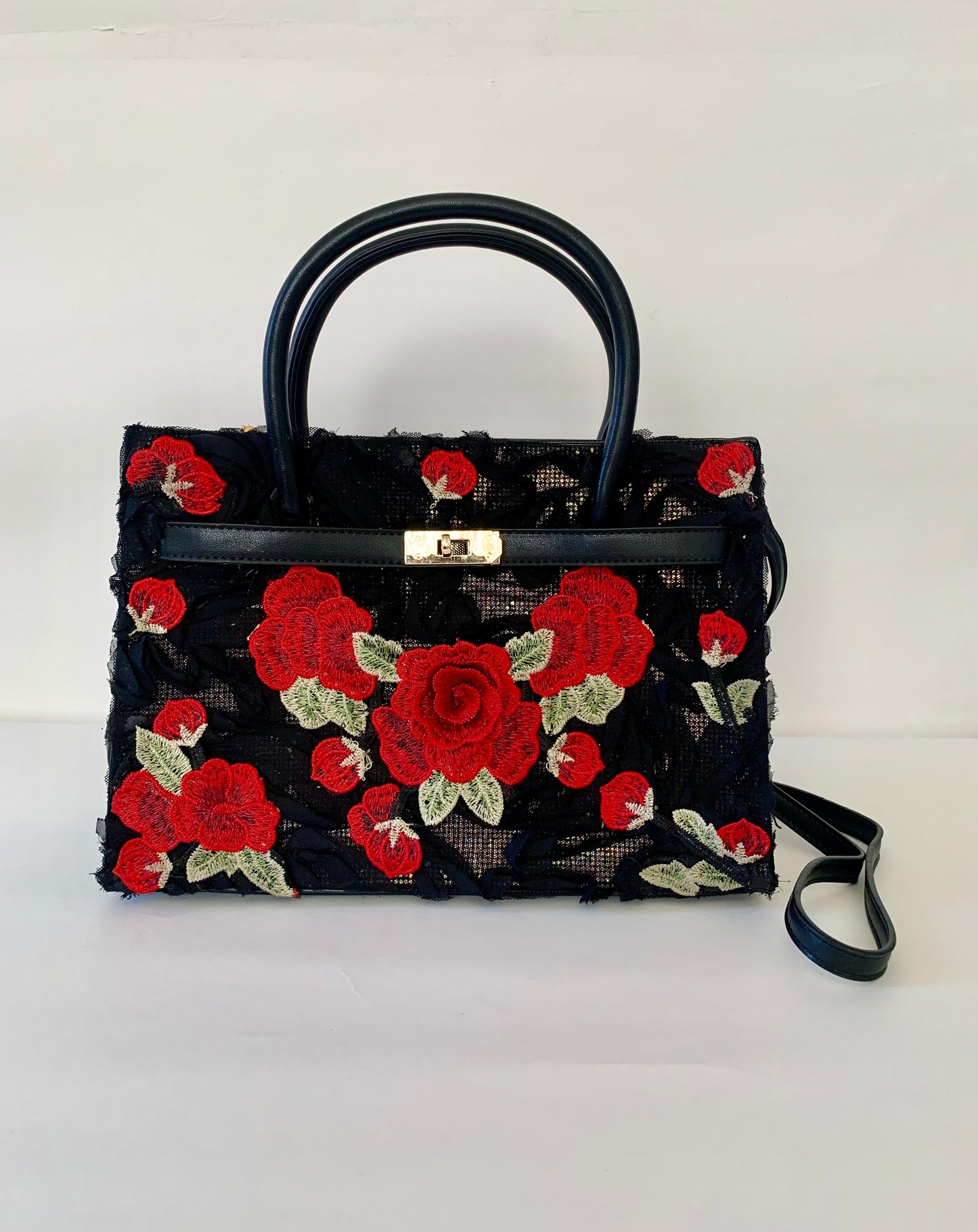 Black Handbag with Red Floral Embroidery