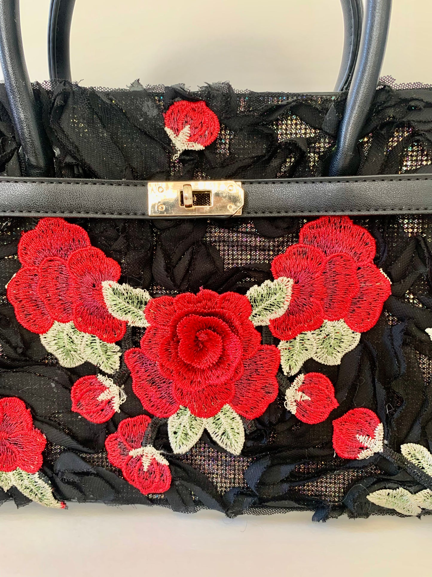 Black Handbag with Red Floral Embroidery