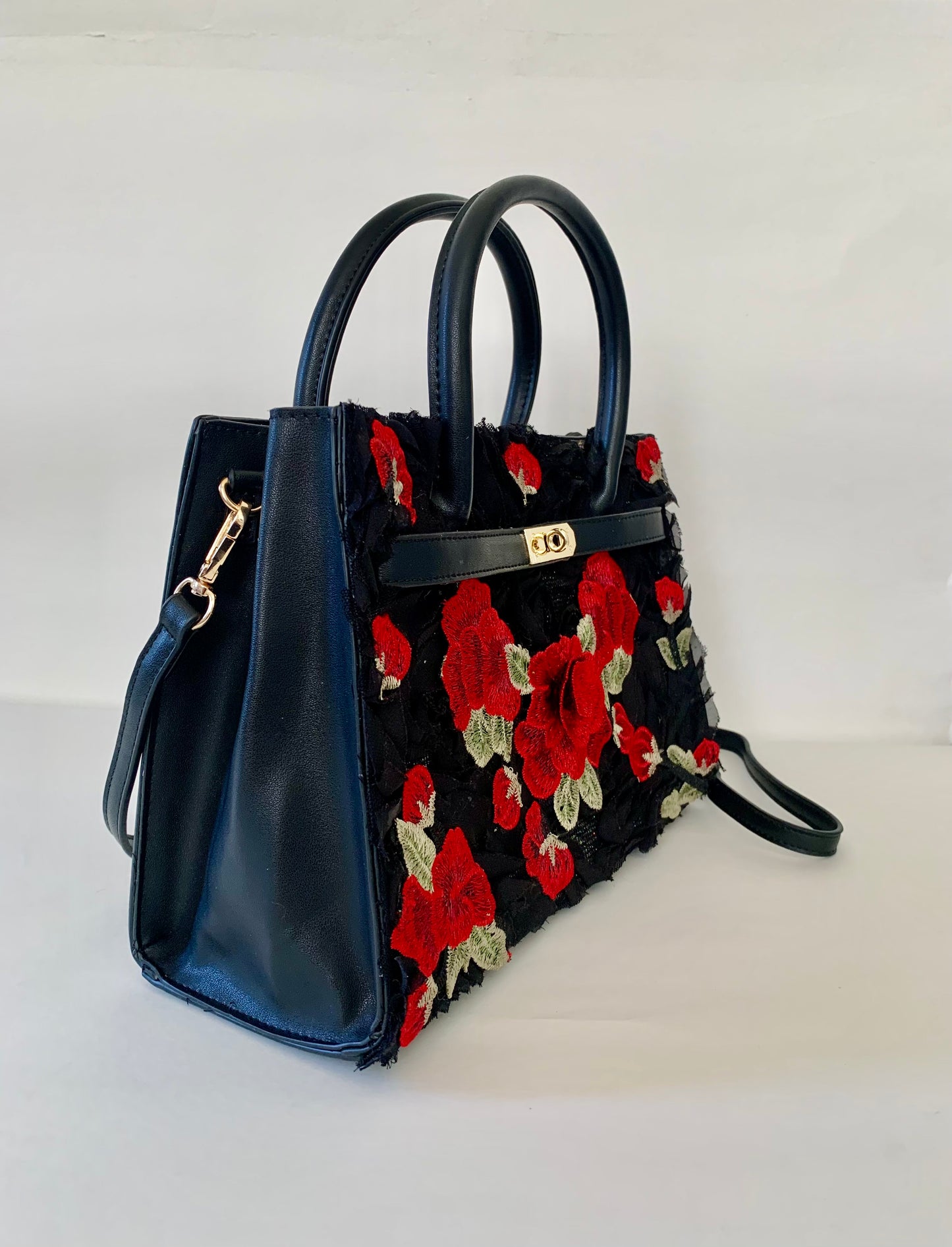 Black Handbag with Red Floral Embroidery