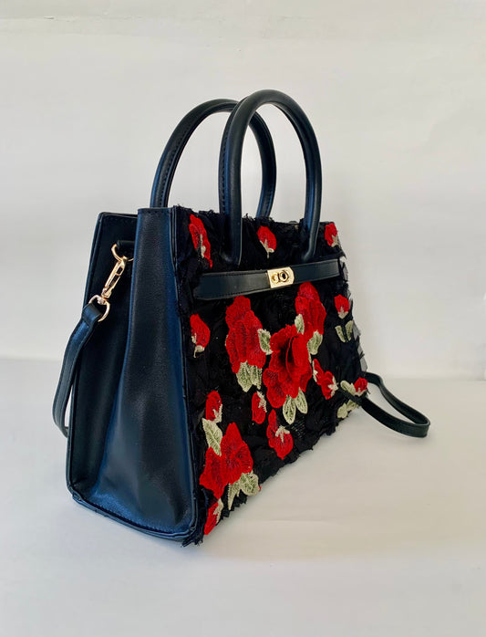 Black Handbag with Red Floral Embroidery