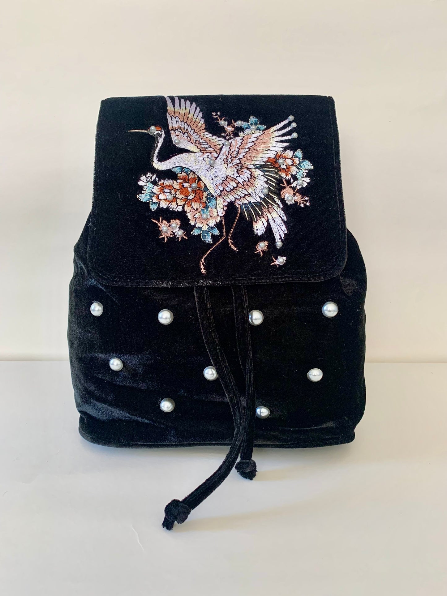 Black Velvet Backpack with Embroidered Crane Design