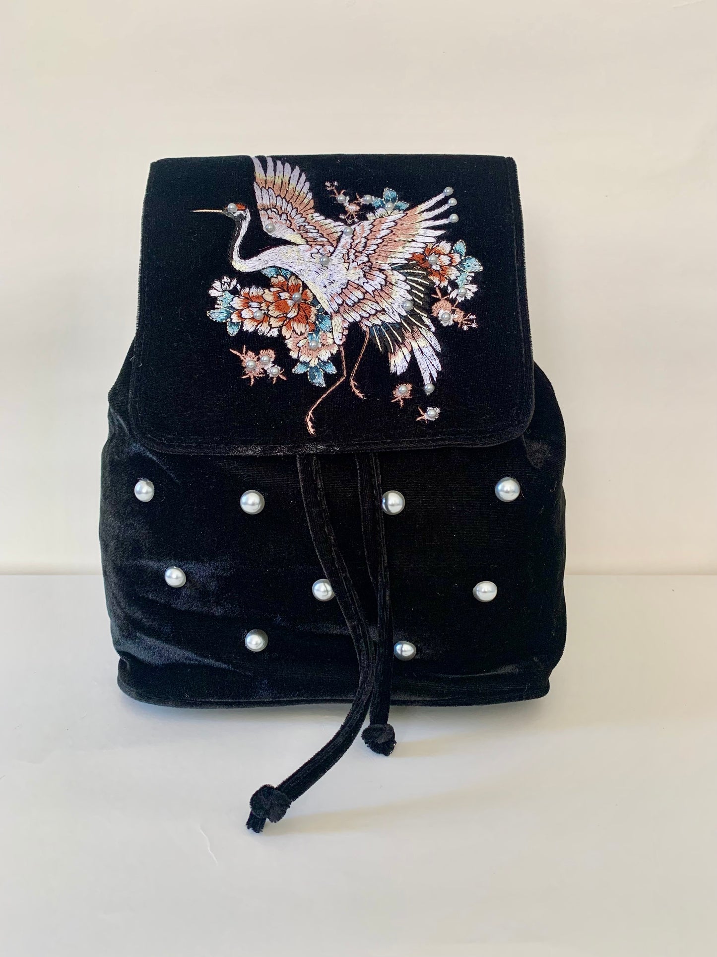 Black Velvet Backpack with Embroidered Crane Design