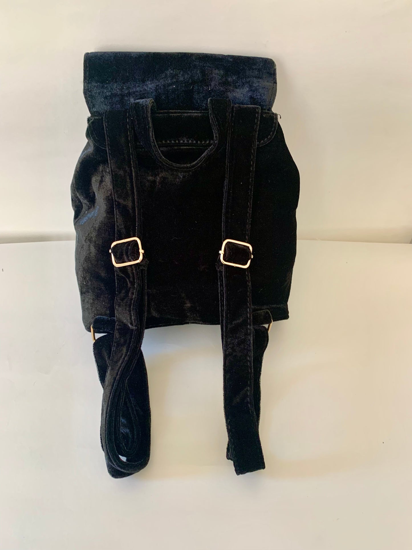 Black Velvet Backpack with Embroidered Crane Design