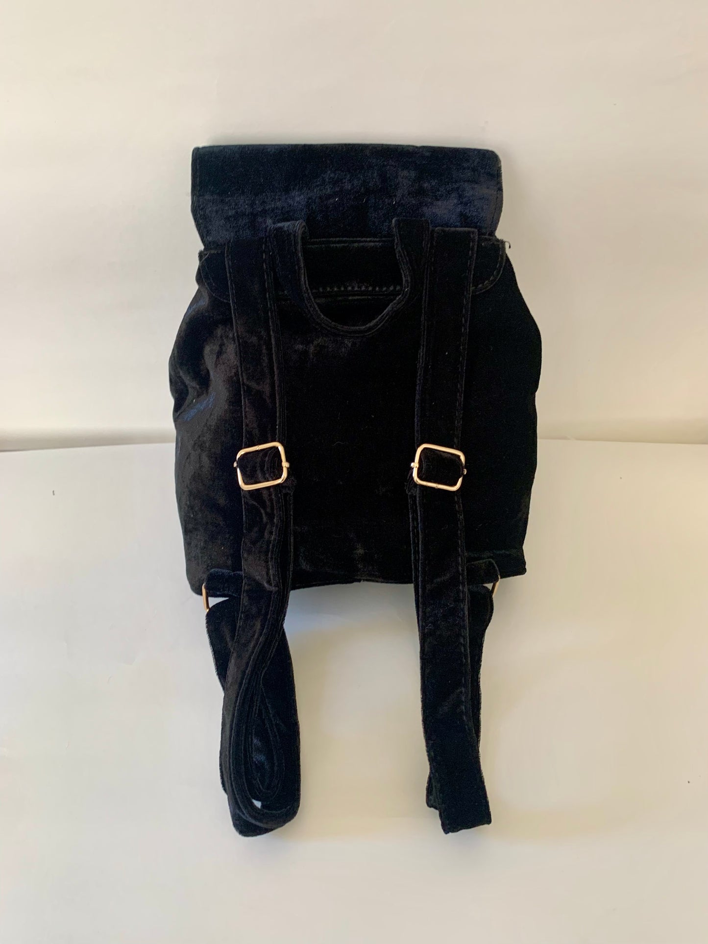 Black Velvet Backpack with Embroidered Crane Design