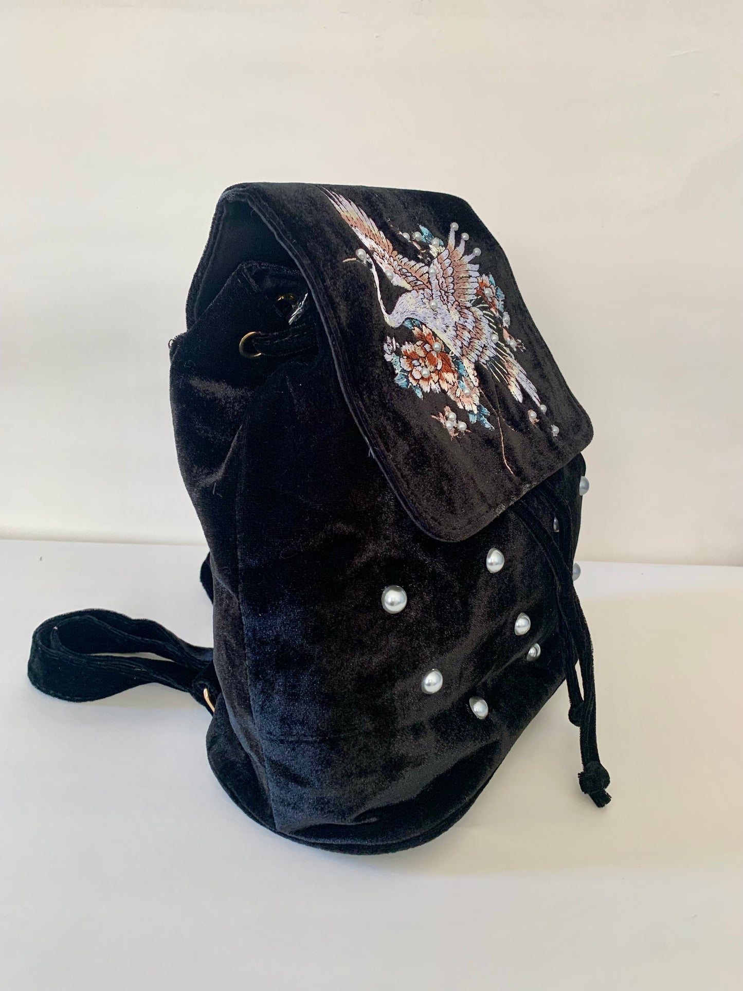 Black Velvet Backpack with Embroidered Crane Design