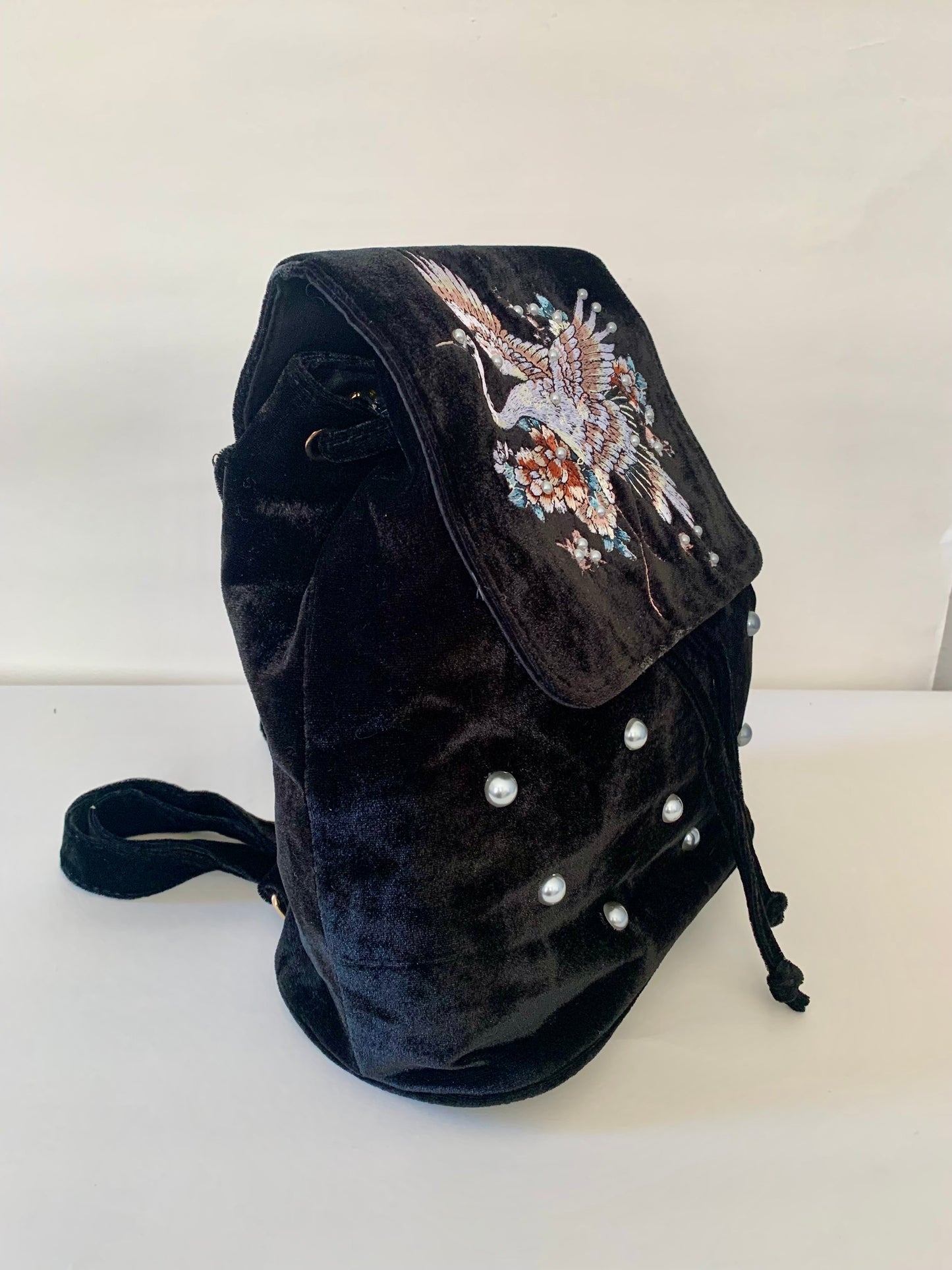 Black Velvet Backpack with Embroidered Crane Design