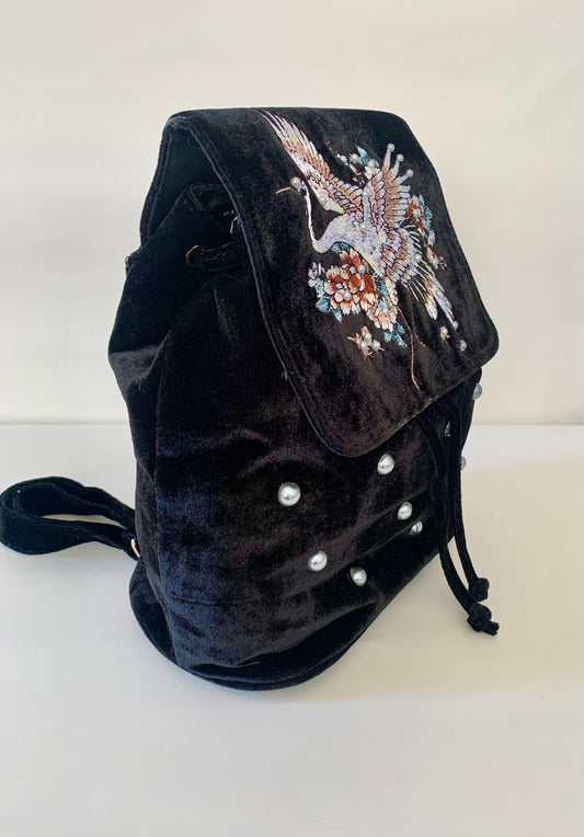 Black Velvet Backpack with Embroidered Crane Design
