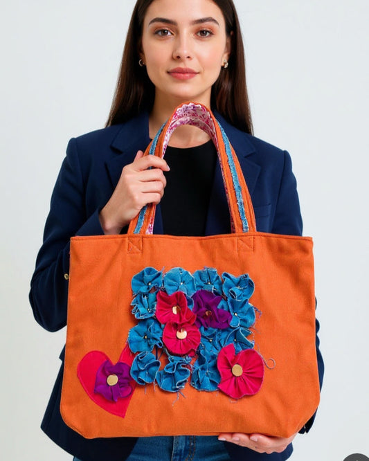 Floral Tote Bag Denim Appliqué Flowers–Handmade in USA–Boho Chic
