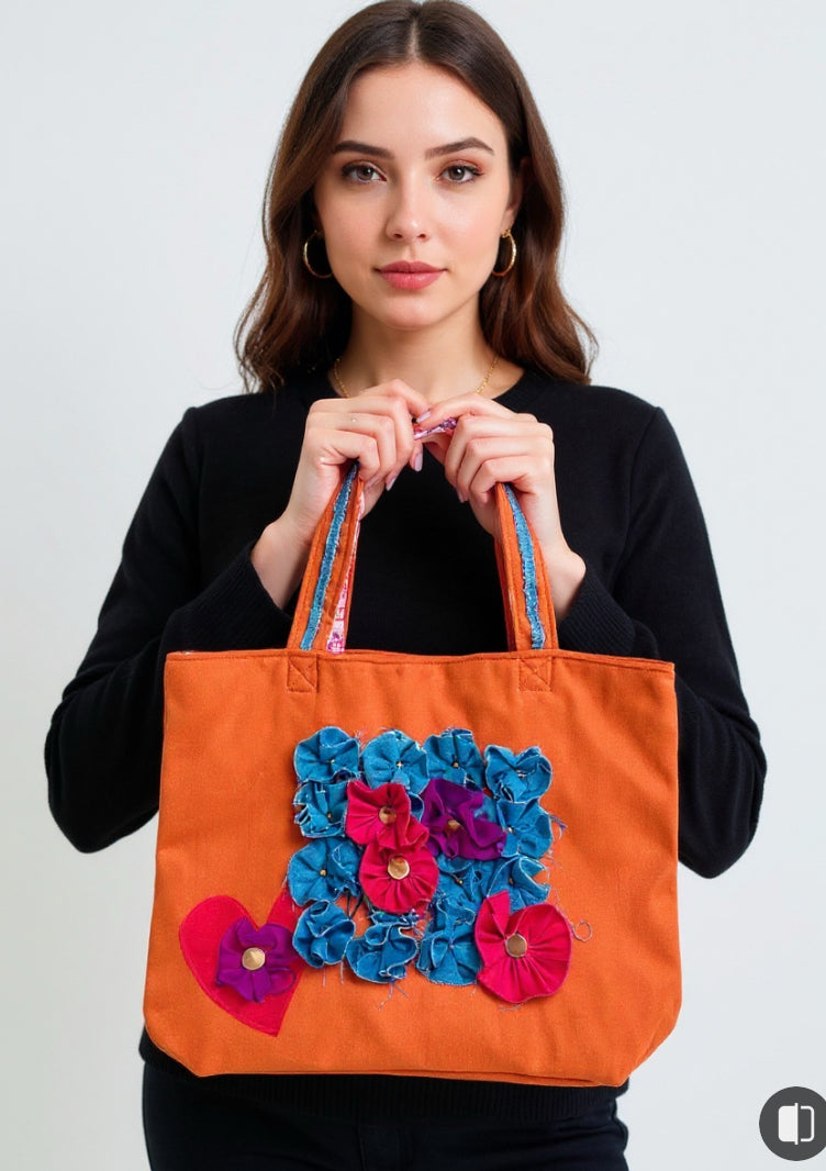 Floral Tote Bag Denim Appliqué Flowers–Handmade in USA–Boho Chic