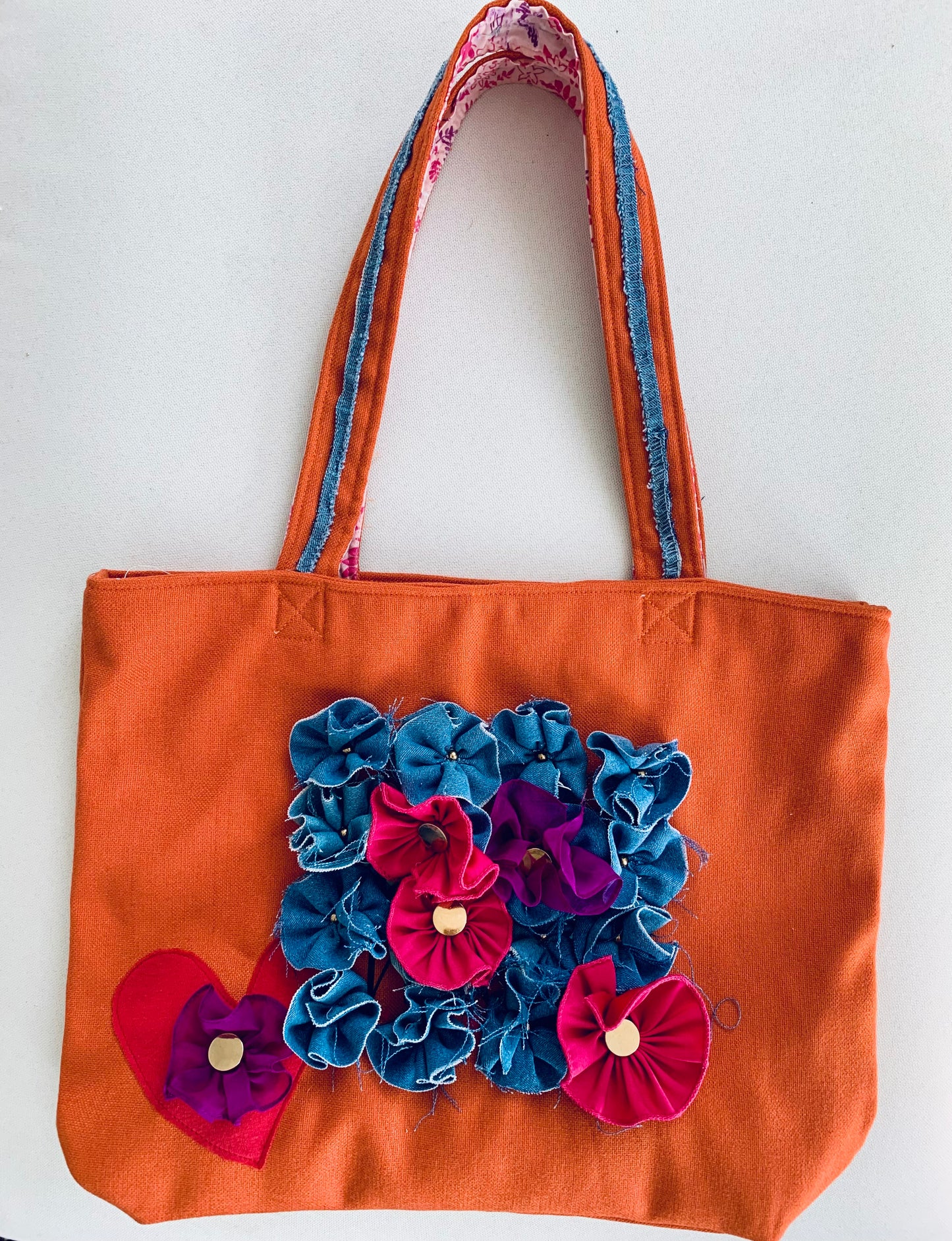 Floral Tote Bag Denim Appliqué Flowers–Handmade in USA–Boho Chic