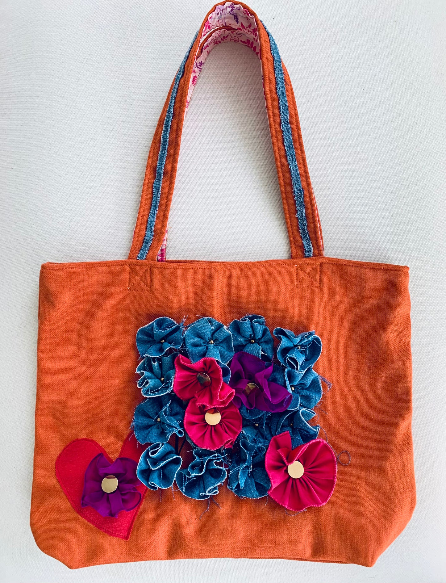 Floral Tote Bag Denim Appliqué Flowers–Handmade in USA–Boho Chic