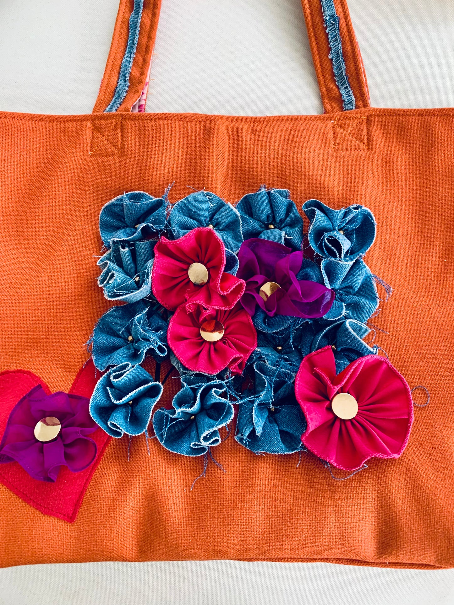 Floral Tote Bag Denim Appliqué Flowers–Handmade in USA–Boho Chic