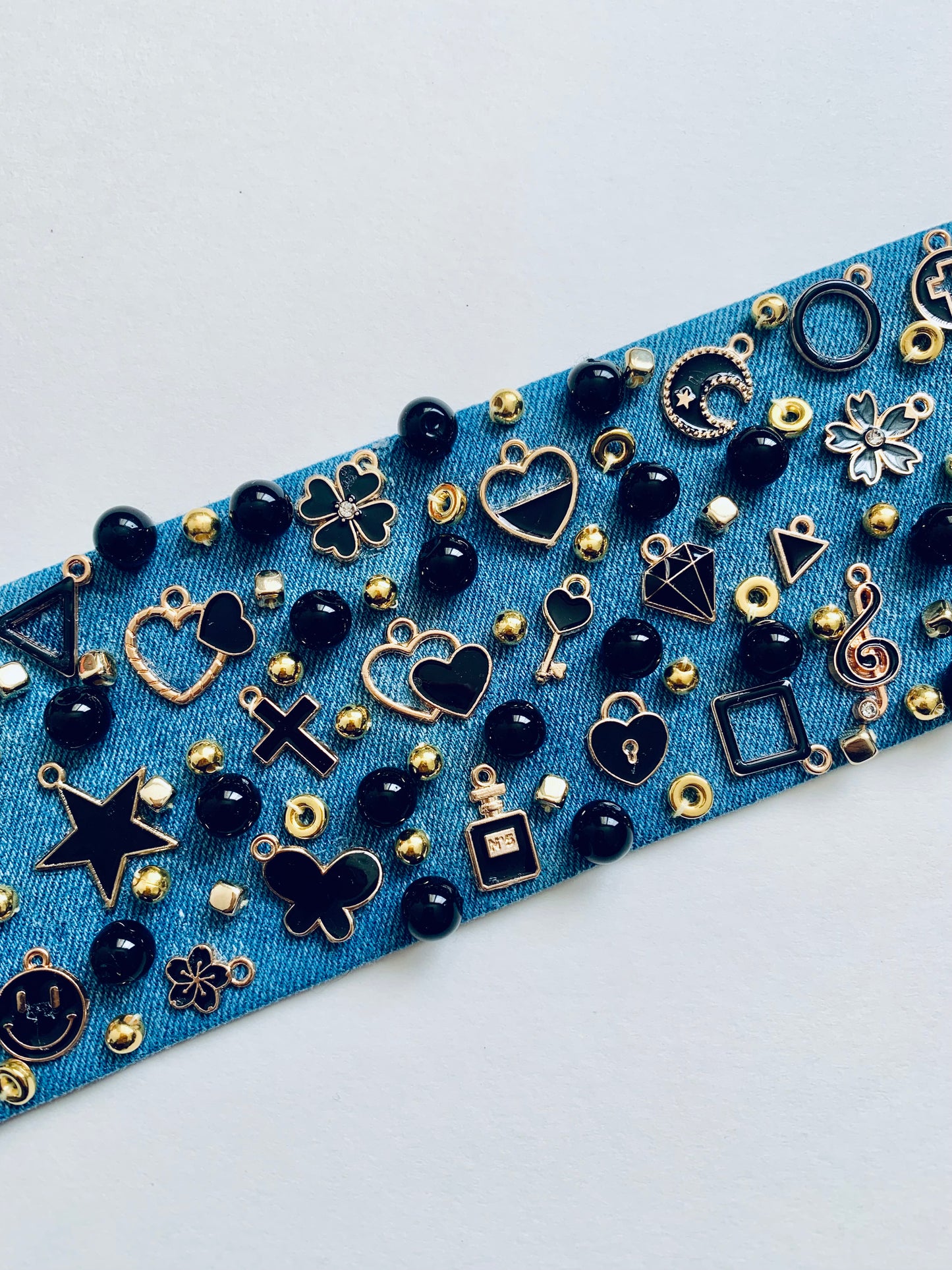 Black Heart Denim Bracelet with Charms & Beads– Boho Chic