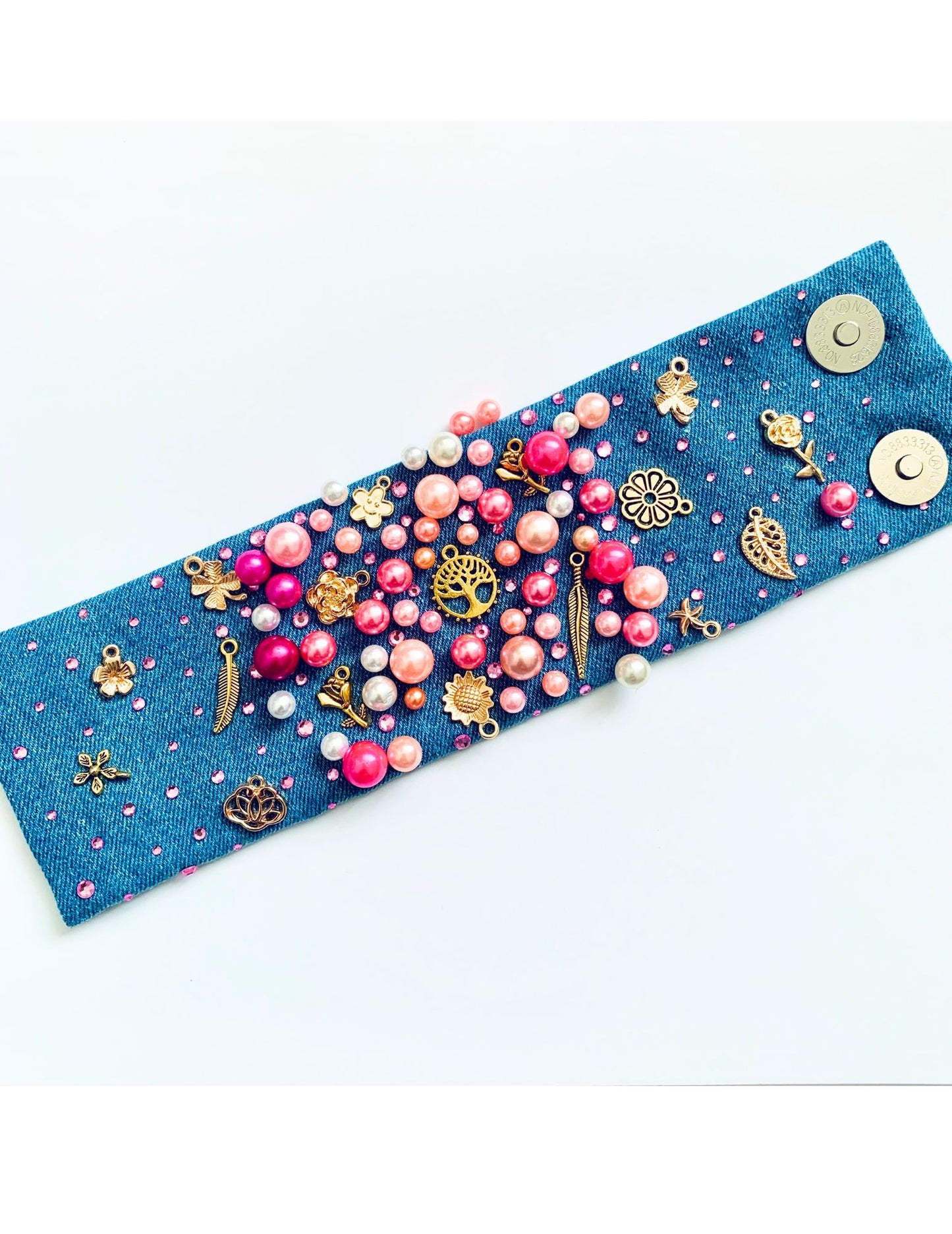 AFLORA Denim Bracelet with Pearls & Charms Handmade in USA
