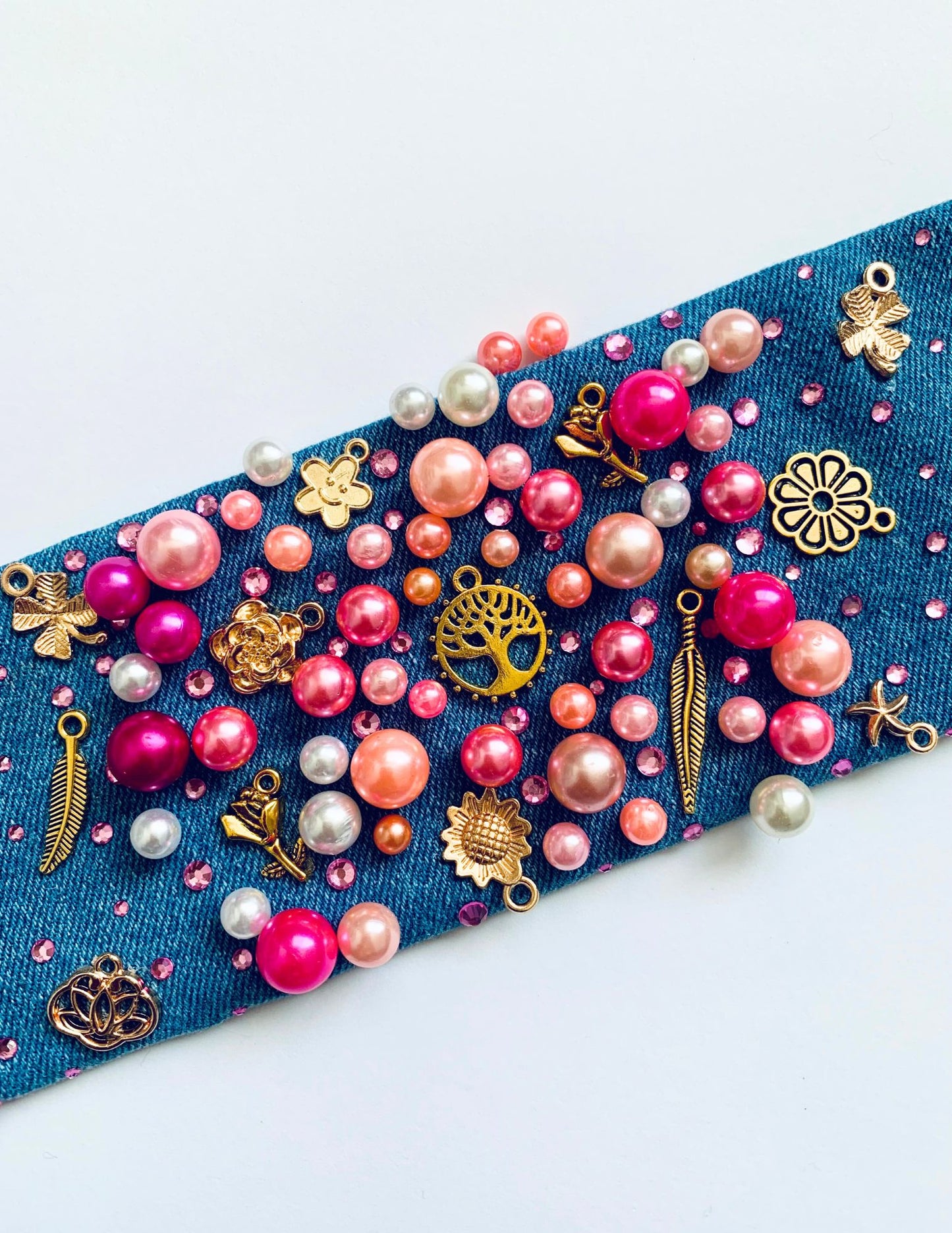 AFLORA Denim Bracelet with Pearls & Charms Handmade in USA