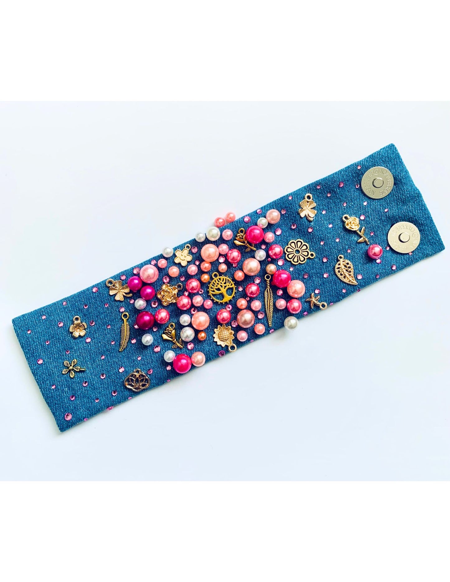 AFLORA Denim Bracelet with Pearls & Charms Handmade in USA