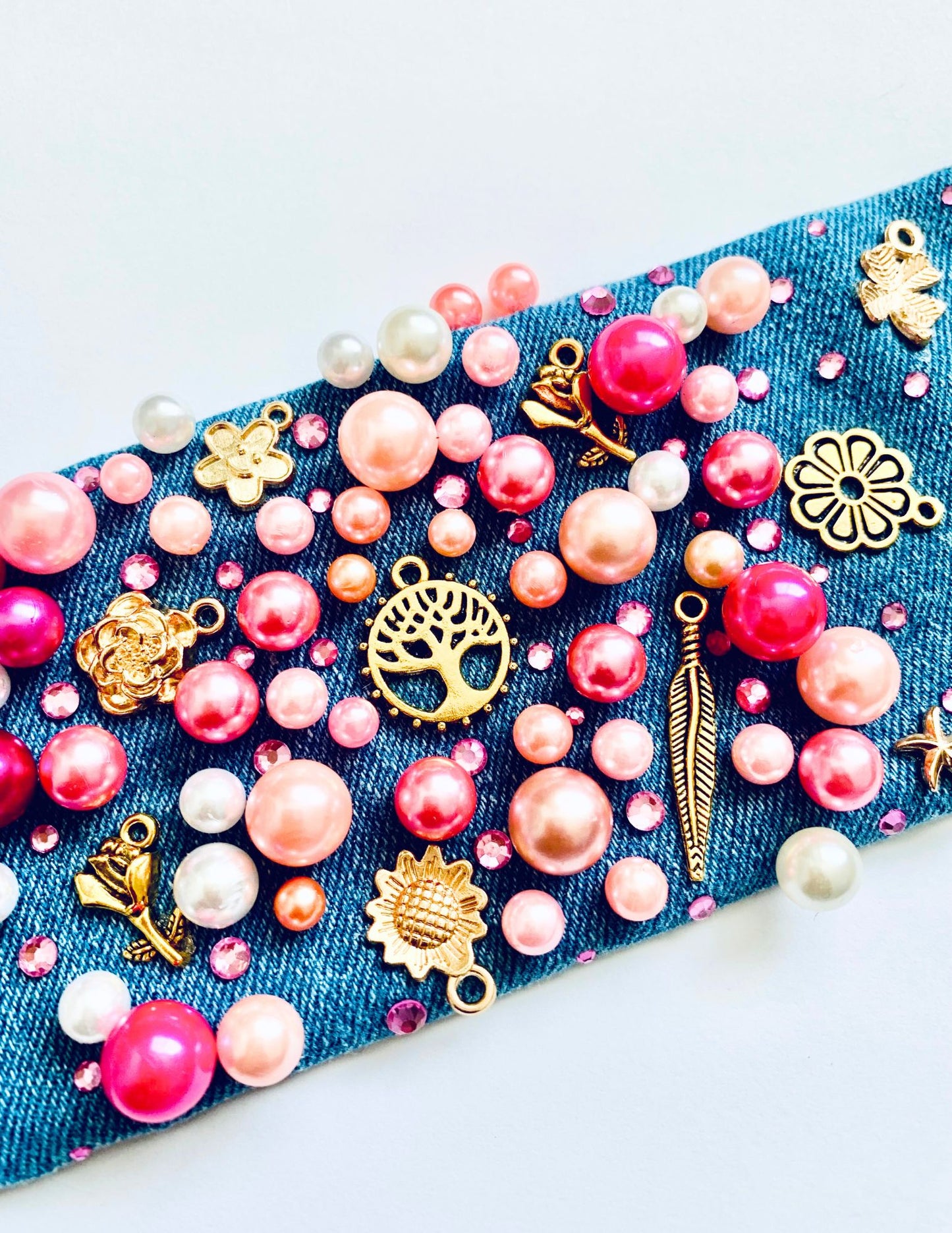 AFLORA Denim Bracelet with Pearls & Charms Handmade in USA