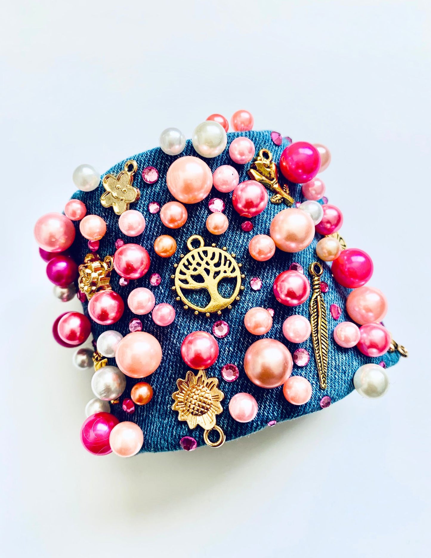 AFLORA Denim Bracelet with Pearls & Charms Handmade in USA